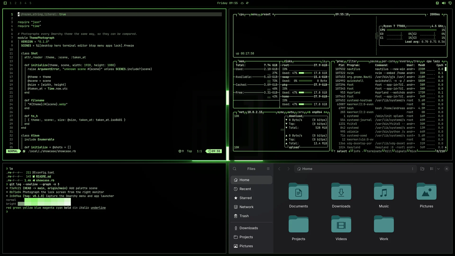 Neon Glow: Neovim, terminal, btop and Files