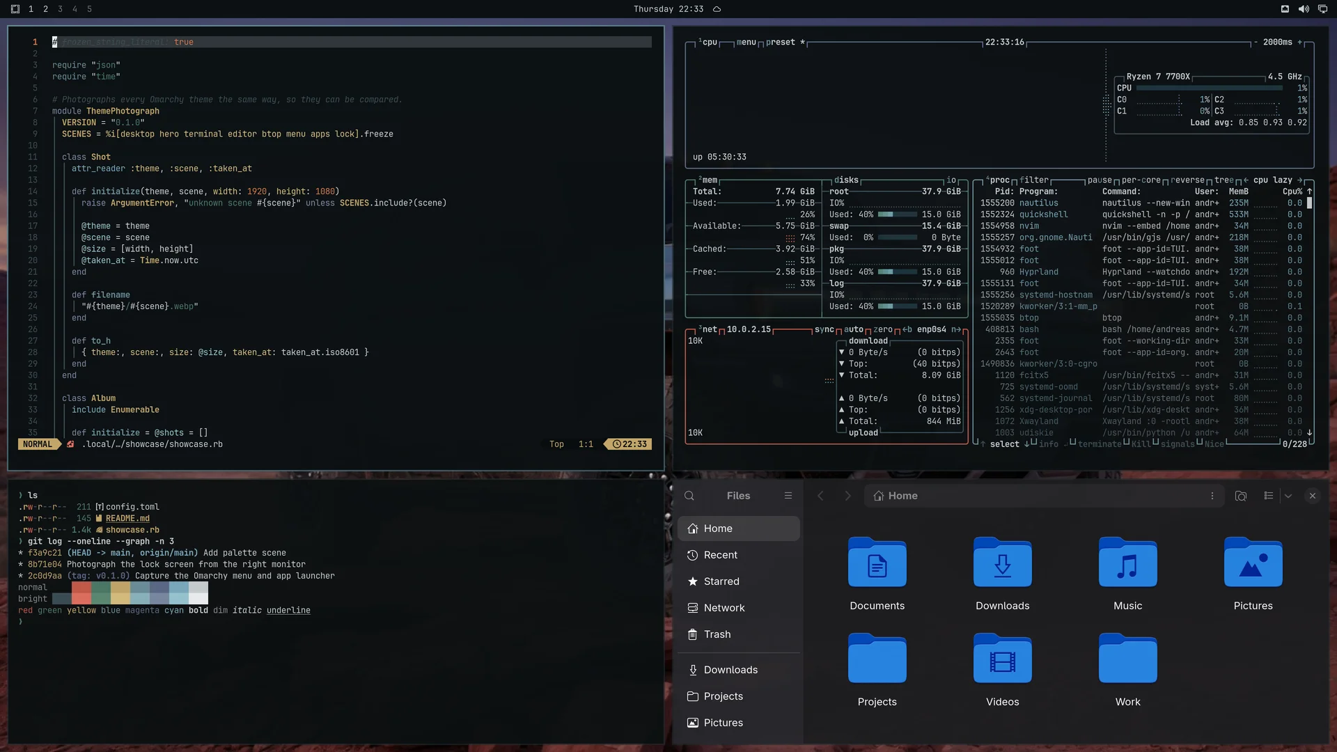 Neptune Blue: Neovim, terminal, btop and Files