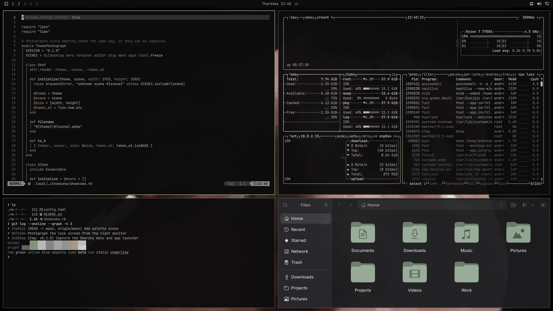 Noir Dawn: Neovim, terminal, btop and Files