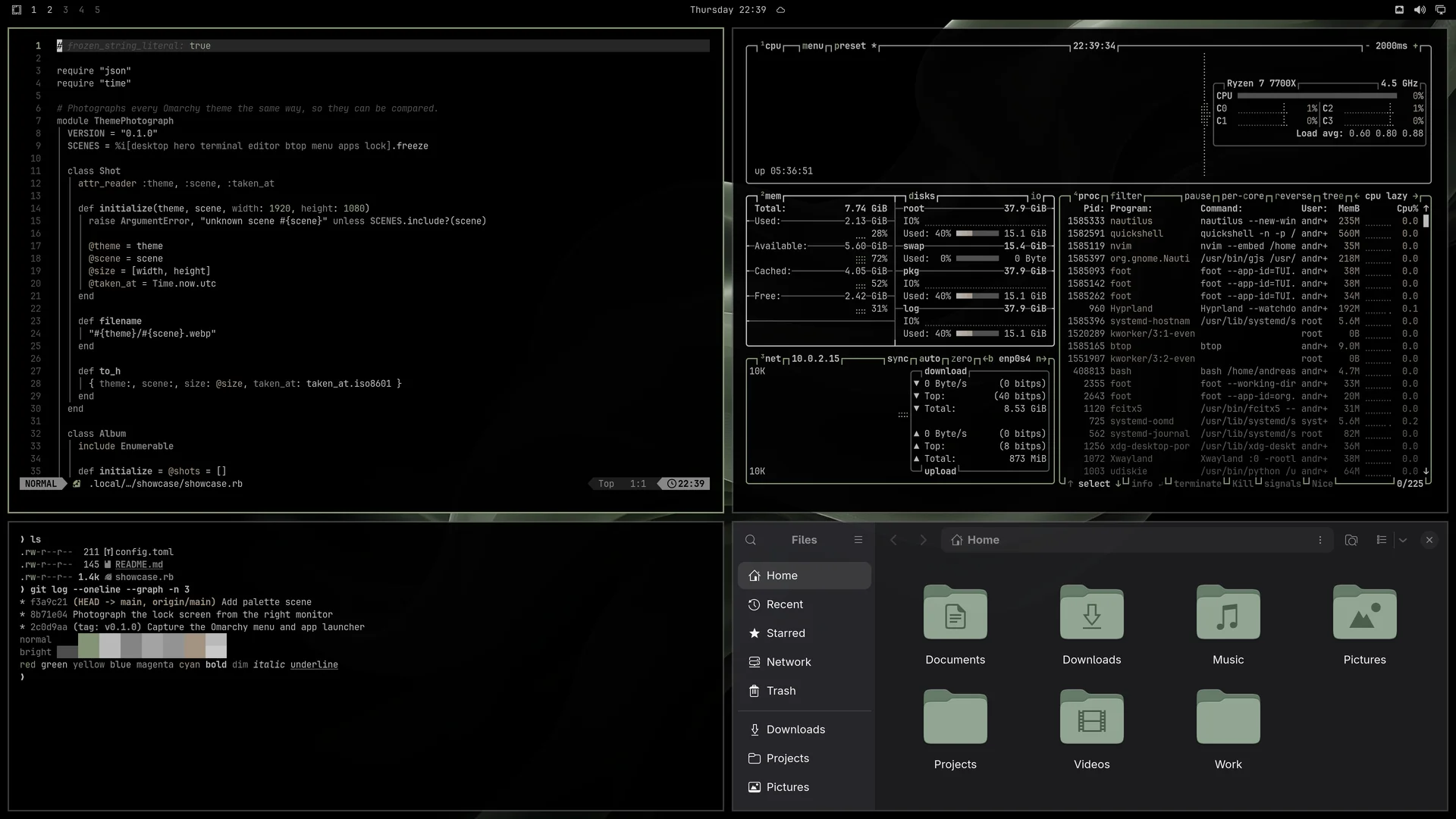 Noir: Neovim, terminal, btop and Files