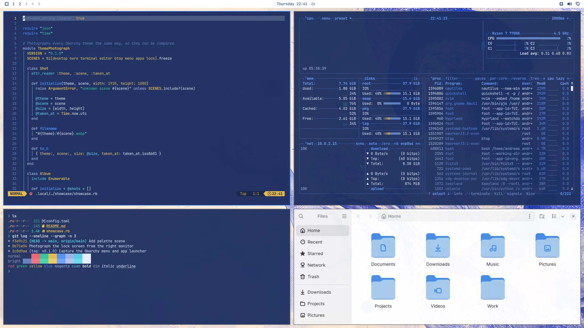 Nous: Neovim, terminal, btop and Files