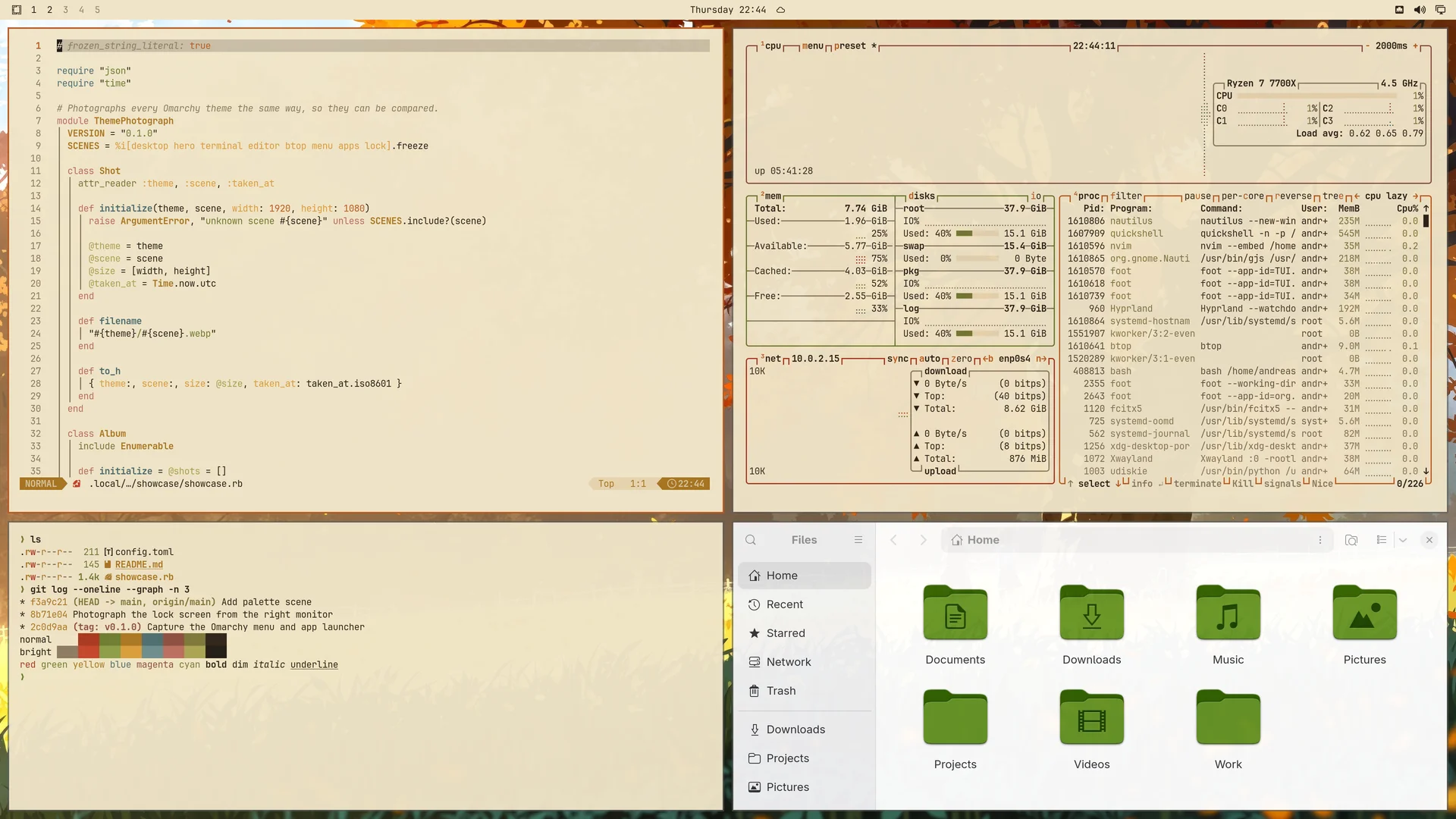Ochre Light: Neovim, terminal, btop and Files