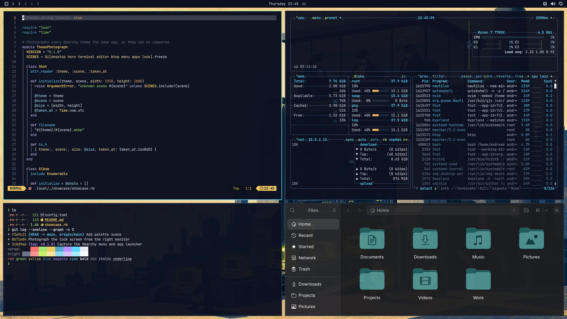 Oligarchy: Neovim, terminal, btop and Files