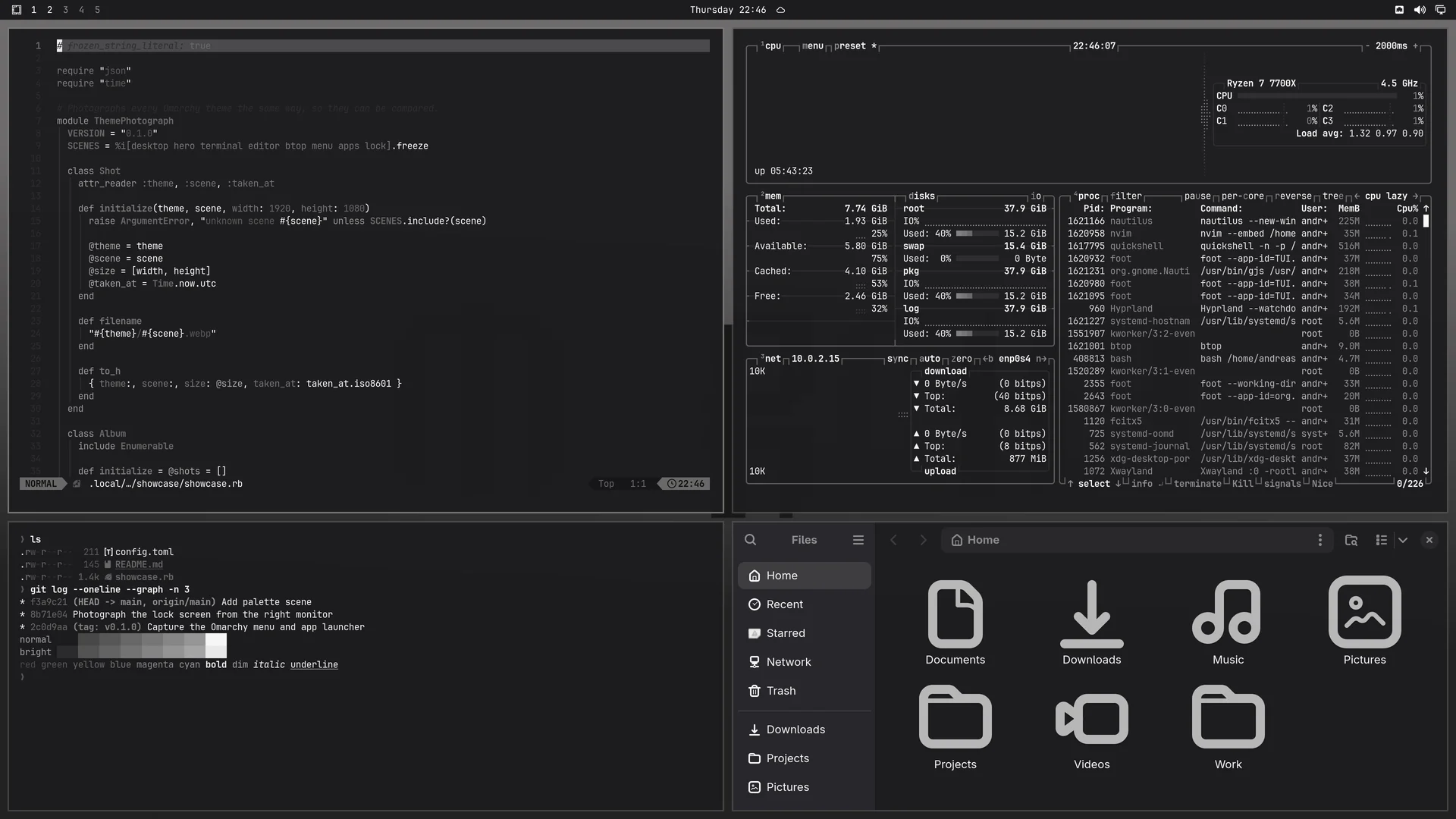 Omacarchy: Neovim, terminal, btop and Files