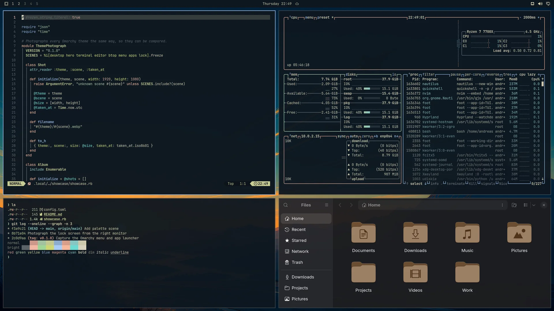 Omalaunch Dusk: Neovim, terminal, btop and Files