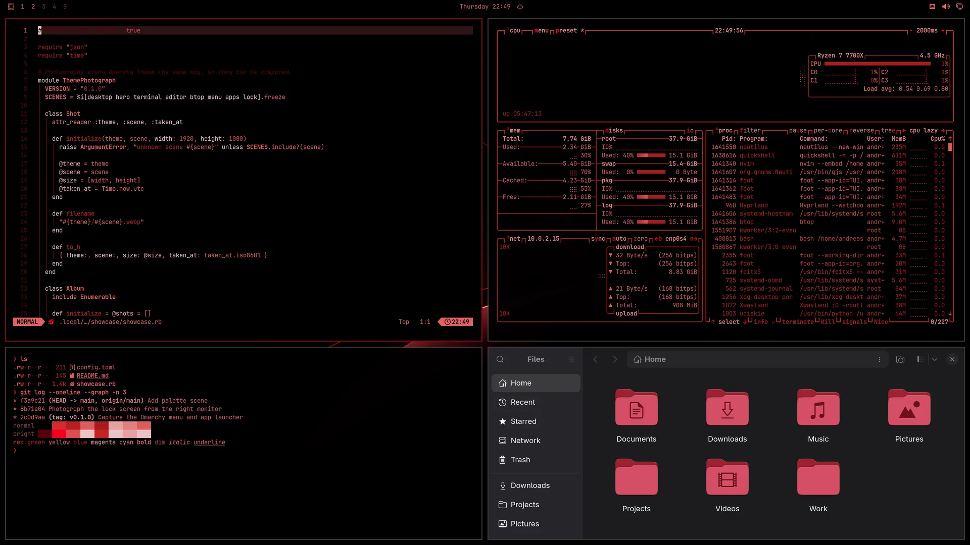 OmaLED: Neovim, terminal, btop and Files