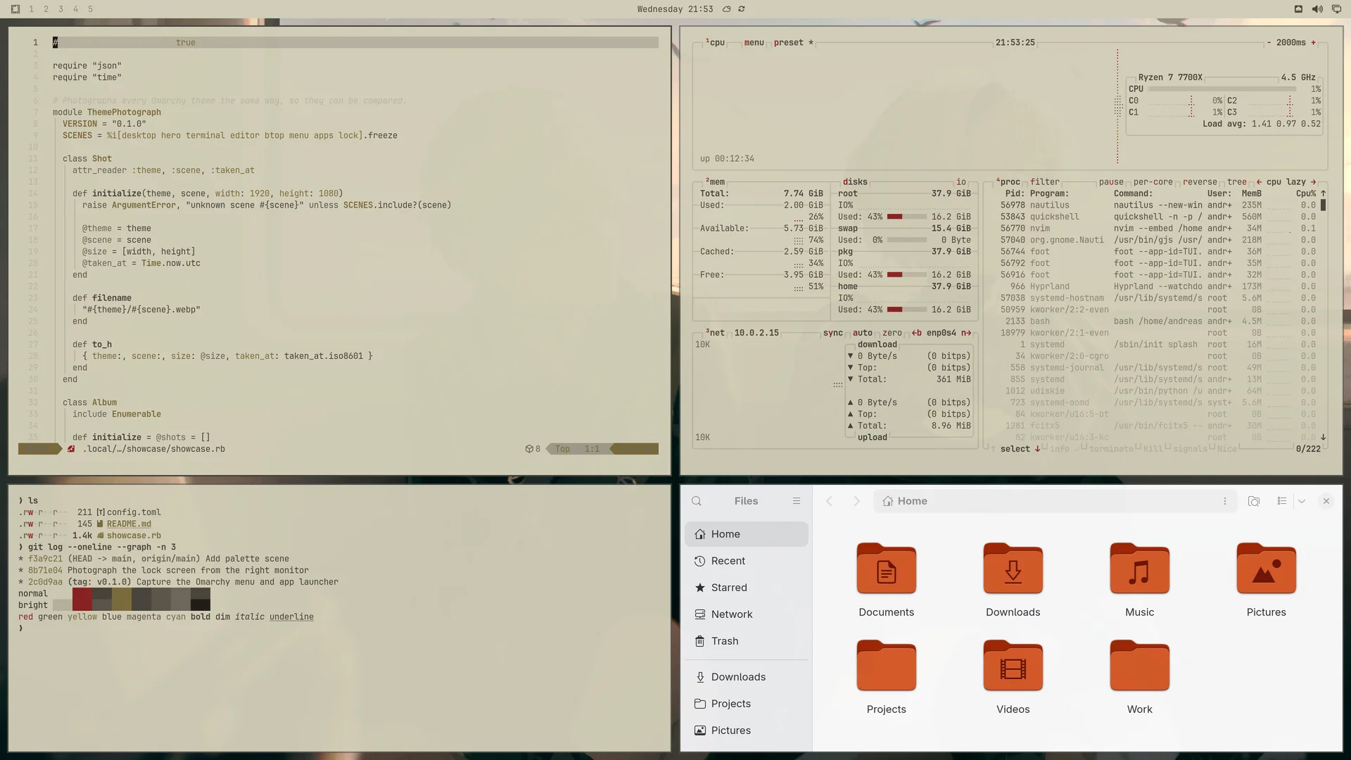 Omarchy Nier: Neovim, terminal, btop and Files