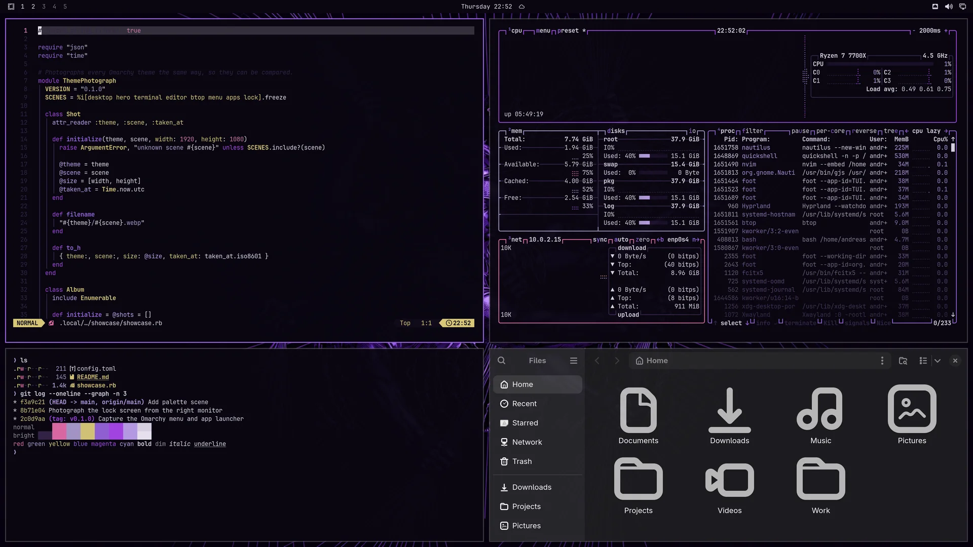 Omarchy Nous Research Purple: Neovim, terminal, btop and Files