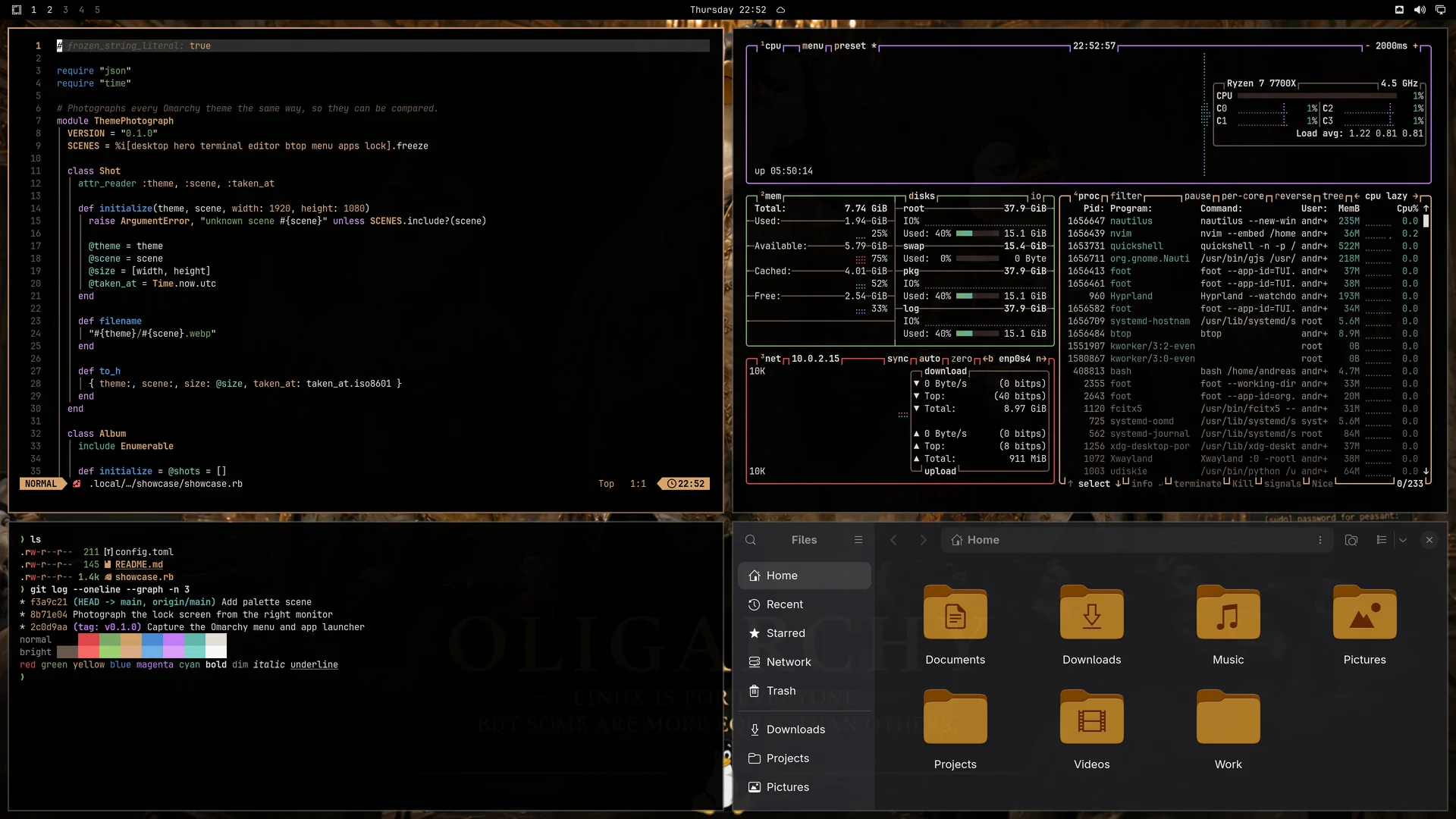 Omarchy Oligarchy Theme: Neovim, terminal, btop and Files