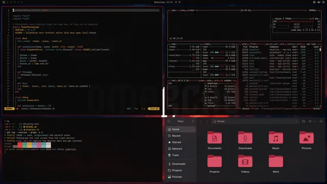 Neovim, terminal, btop and Files