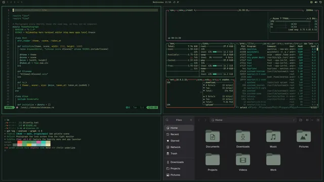 Neovim, terminal, btop and Files