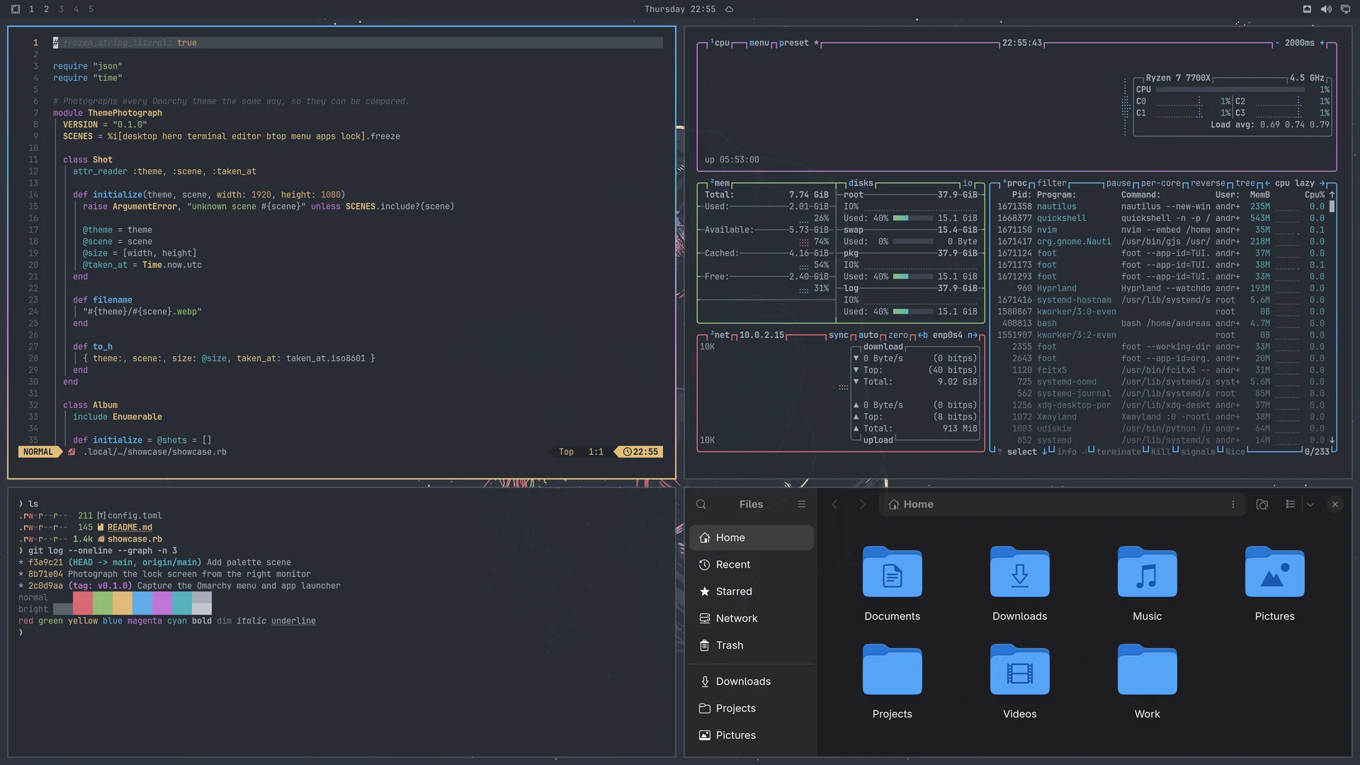 One Dark Pro: Neovim, terminal, btop and Files