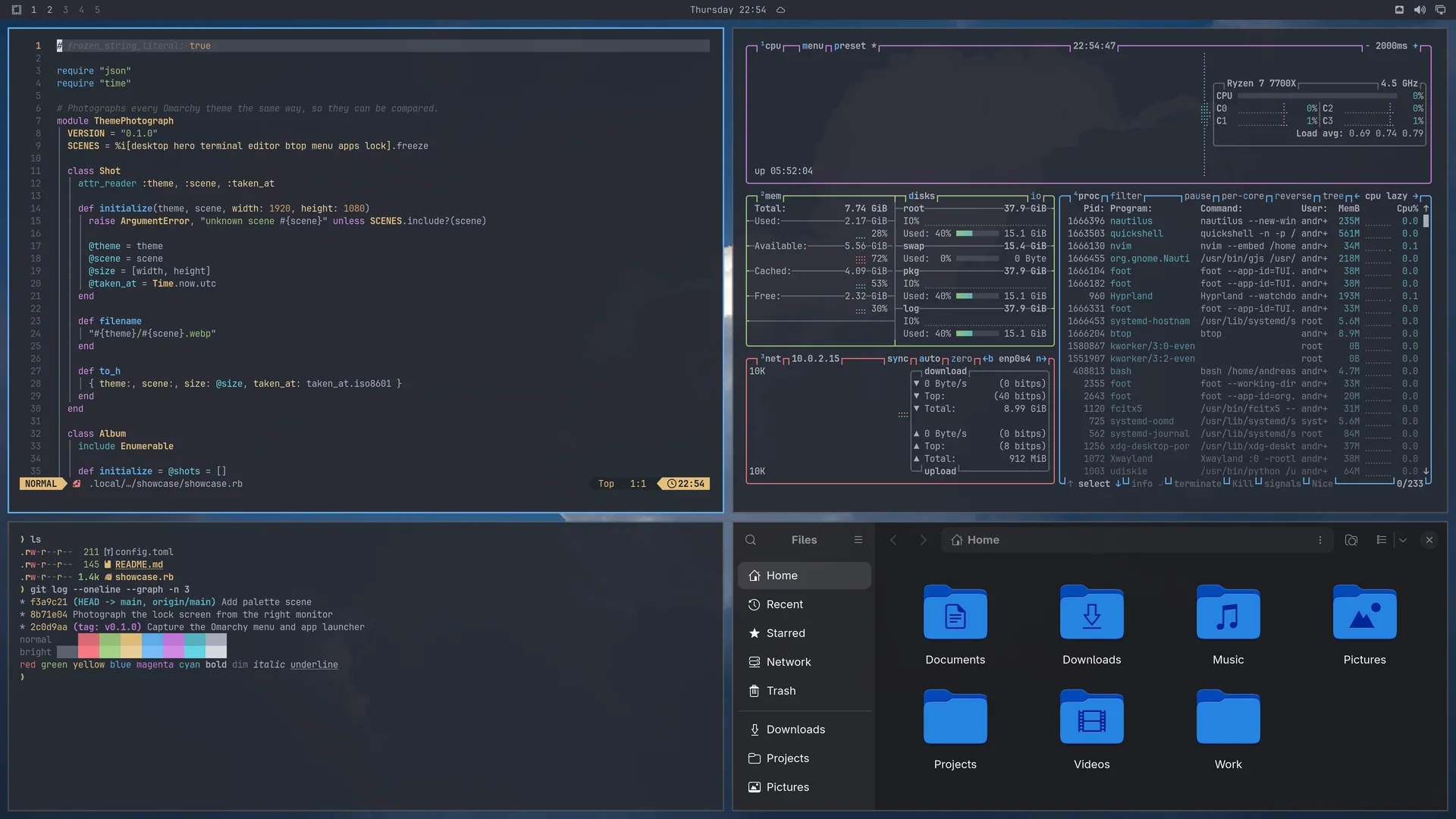 One Dark: Neovim, terminal, btop and Files