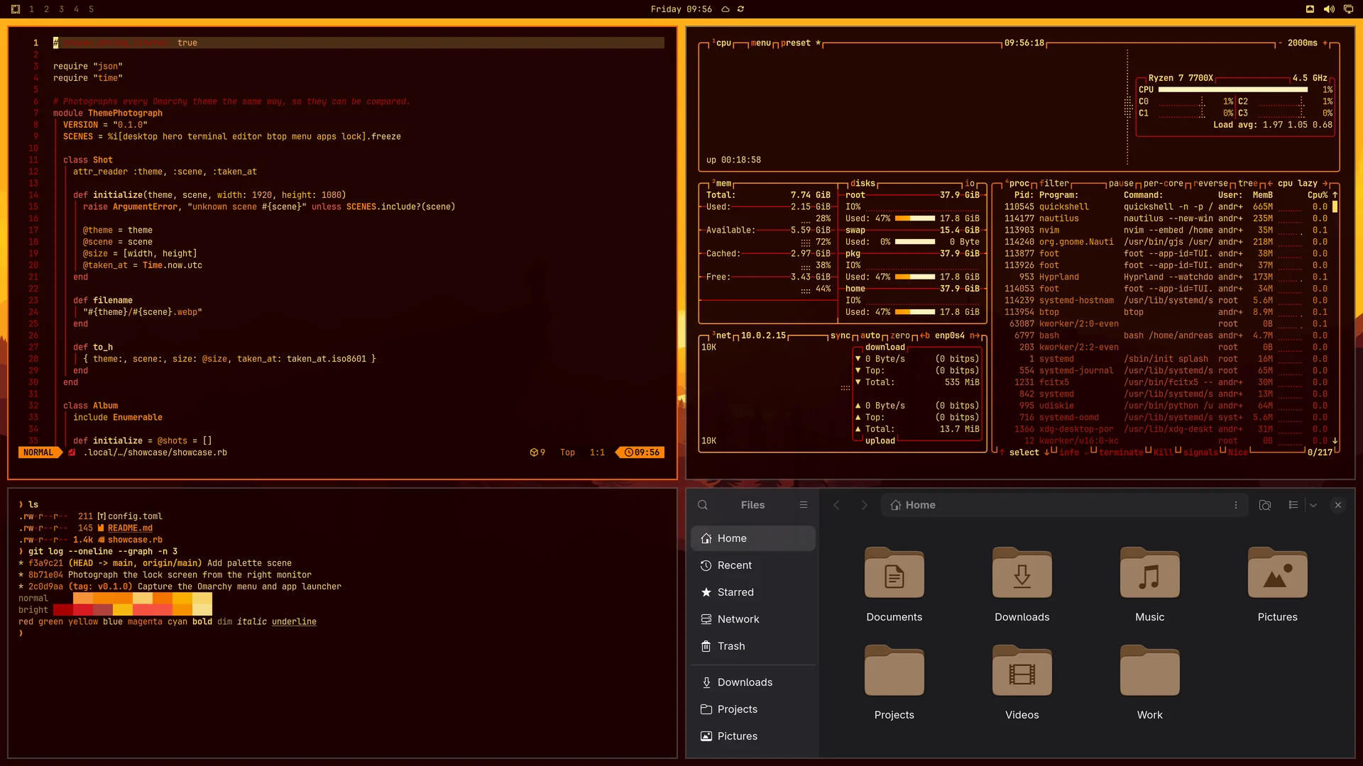 Orange Planet: Neovim, terminal, btop and Files