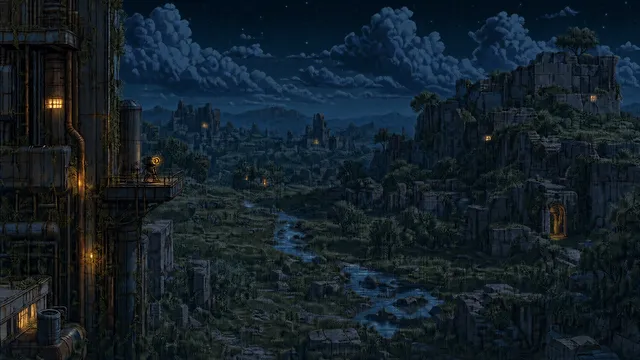 Outpost wallpaper: overgrown ruins night