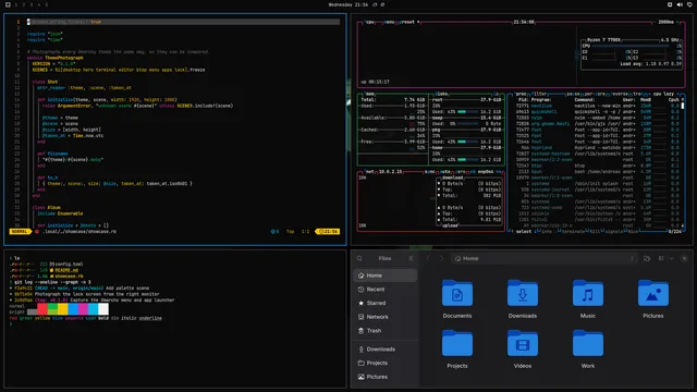Neovim, terminal, btop and Files