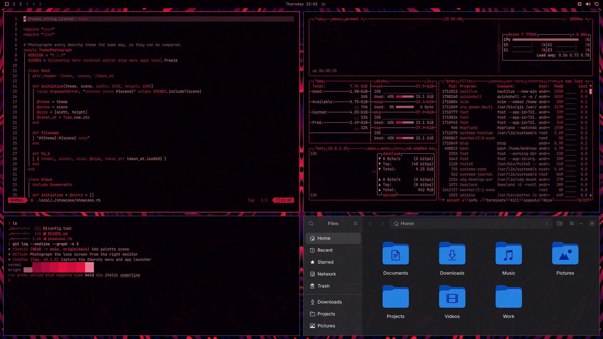 Pink Blood: Neovim, terminal, btop and Files