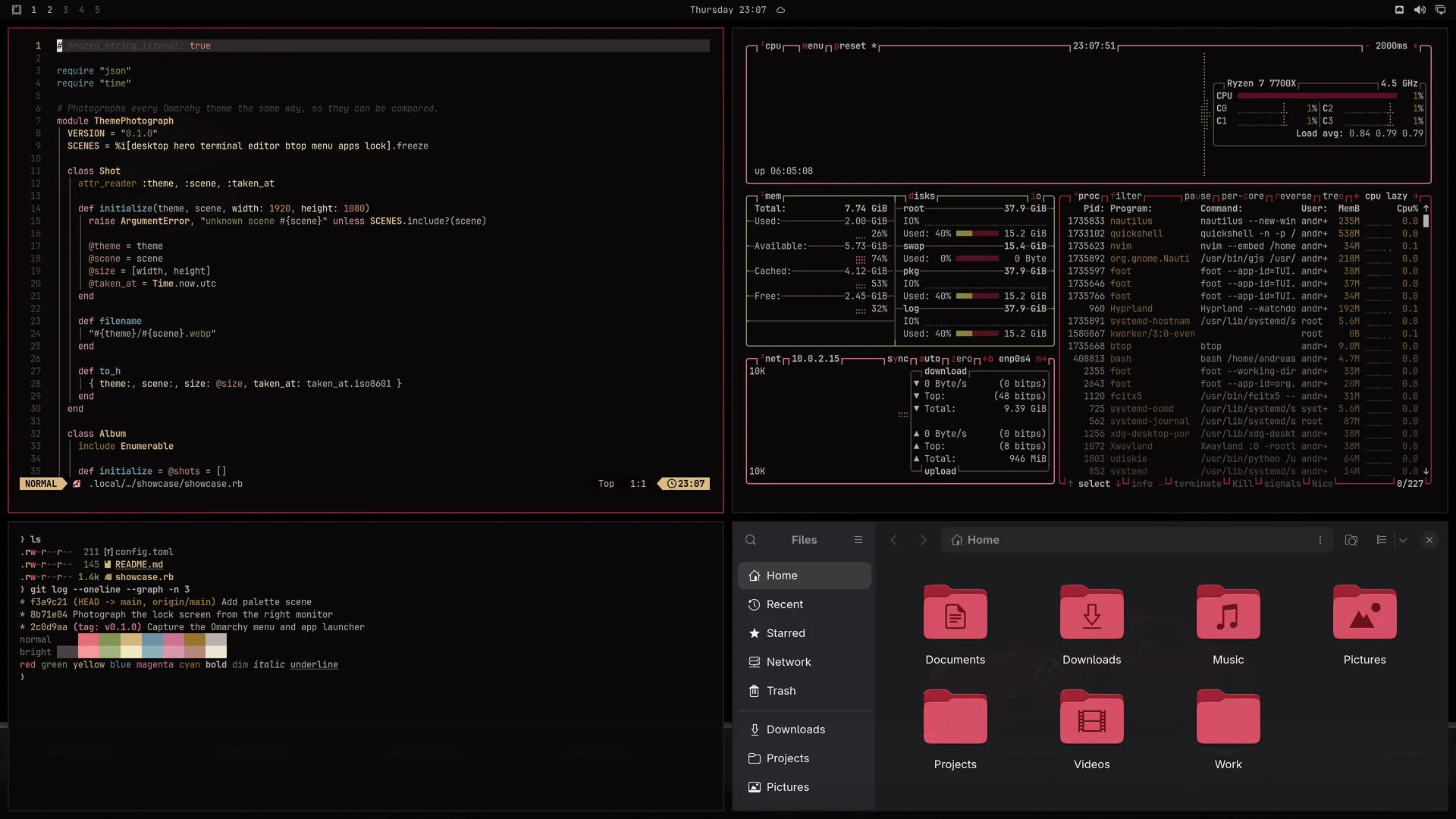 Porsche 911: Neovim, terminal, btop and Files