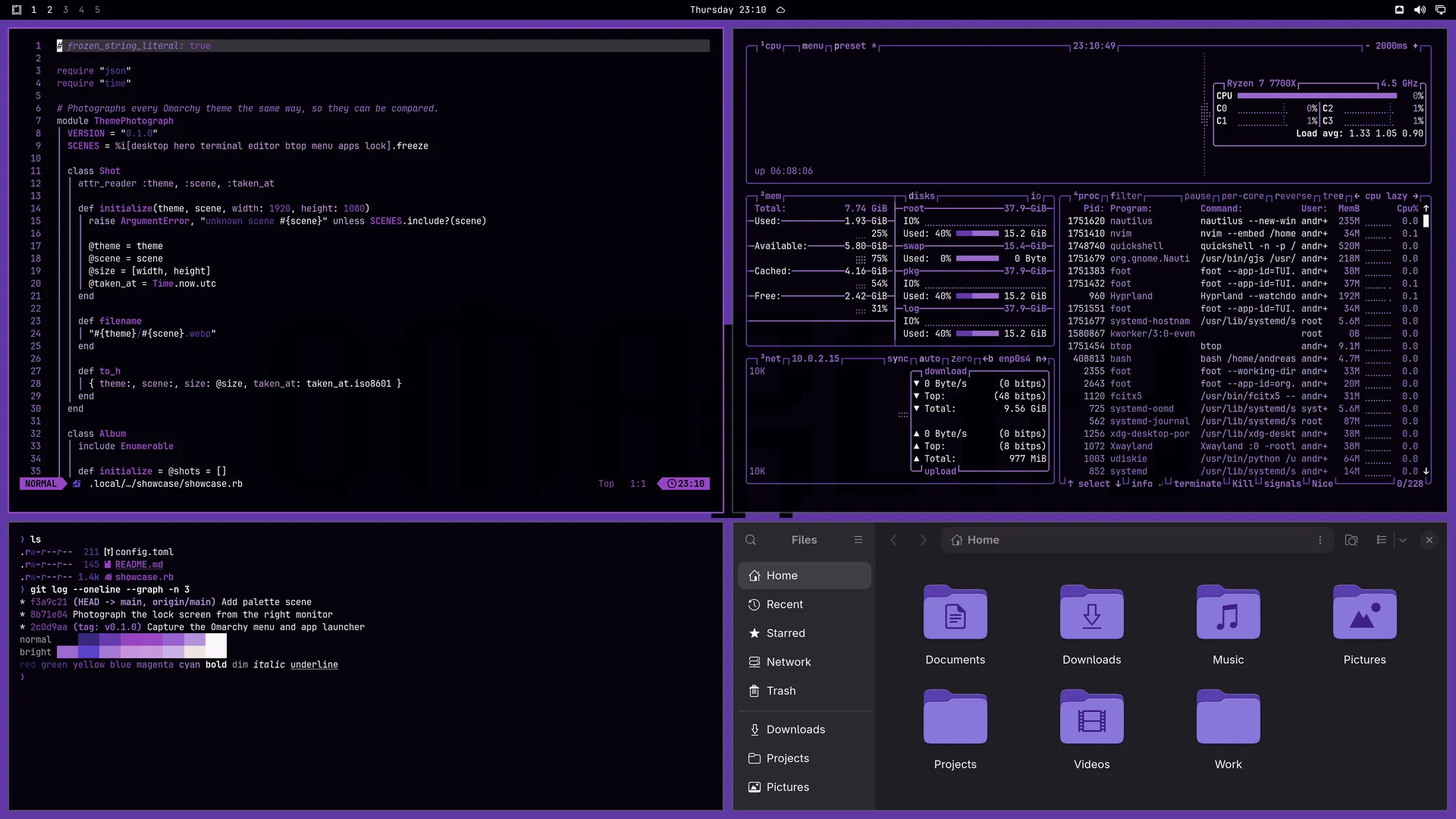 Purple Moon: Neovim, terminal, btop and Files