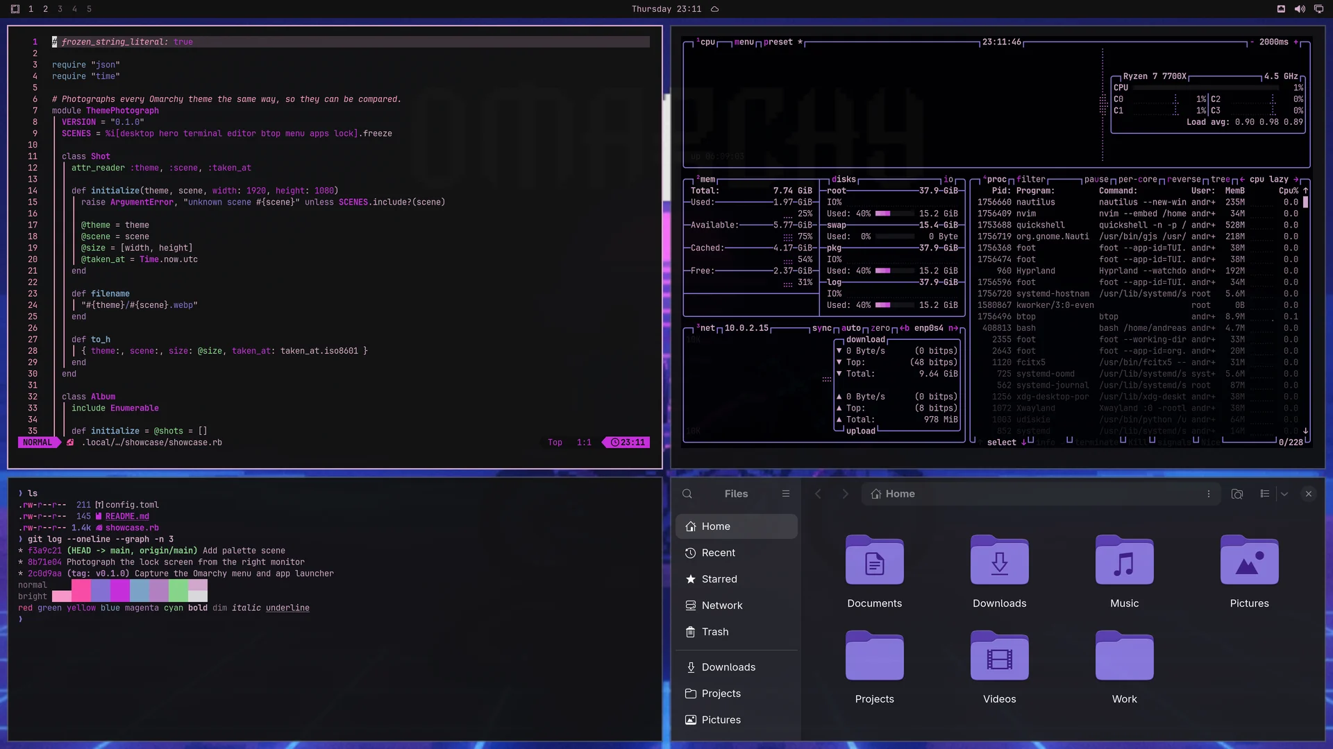 Purplewave: Neovim, terminal, btop and Files