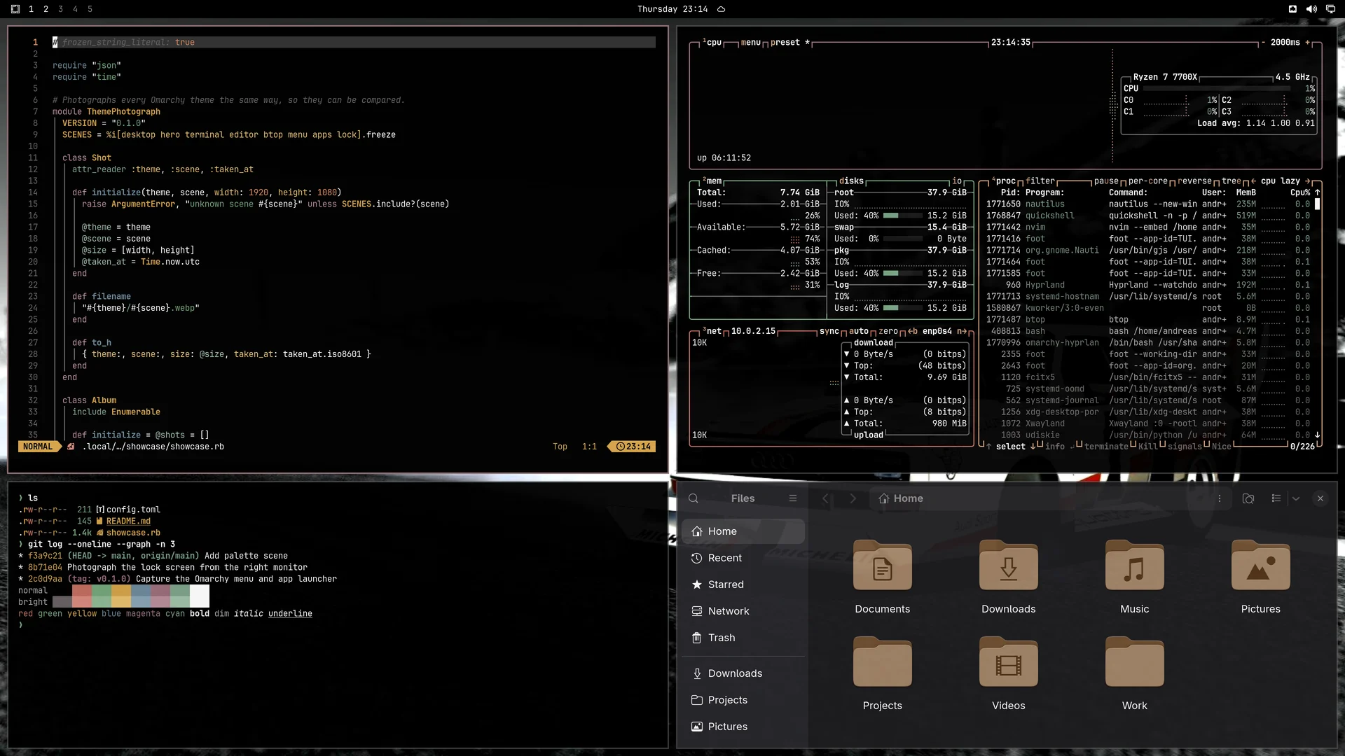 Quattro Earth Tone: Neovim, terminal, btop and Files