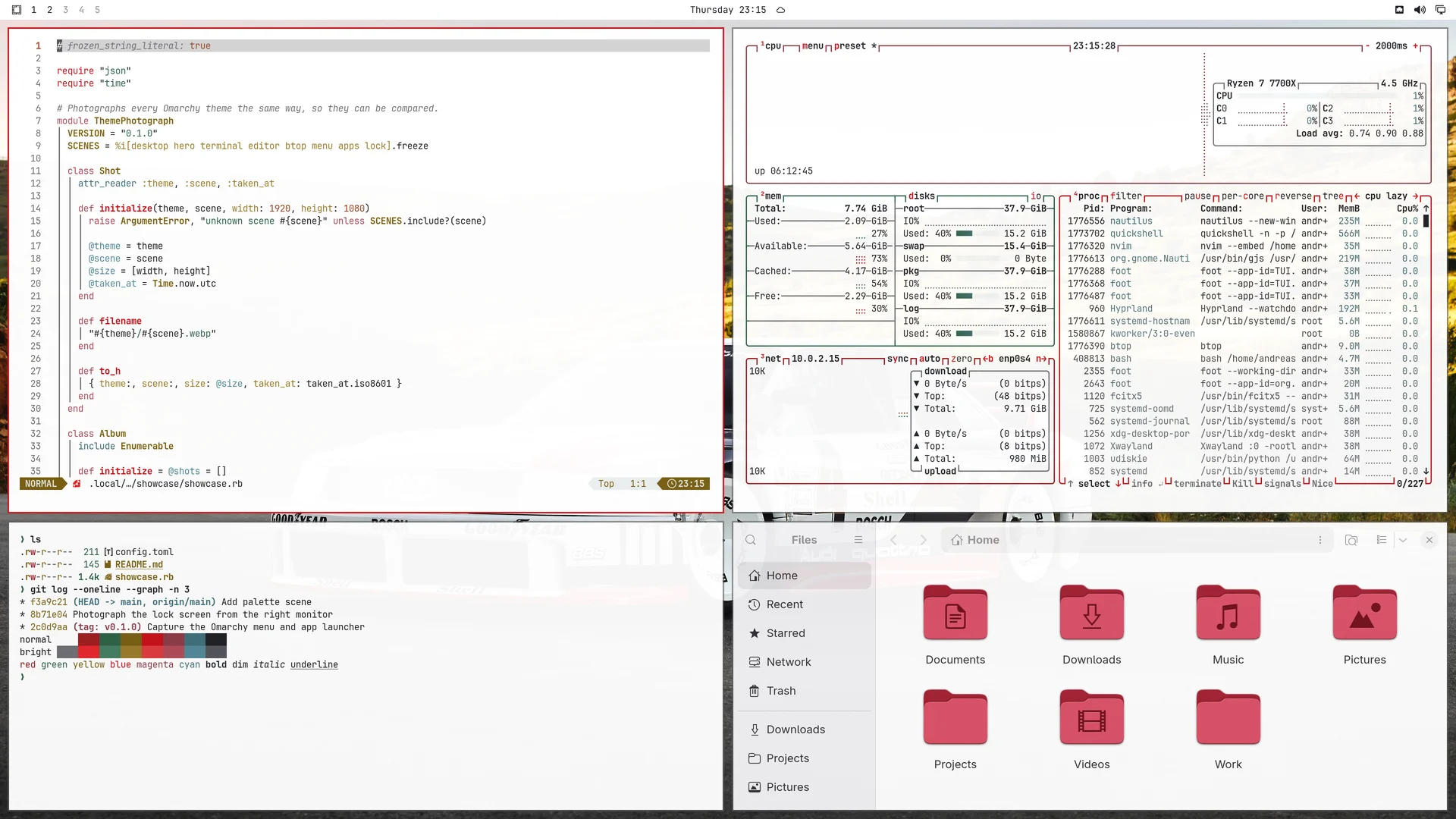 Quattro Light: Neovim, terminal, btop and Files