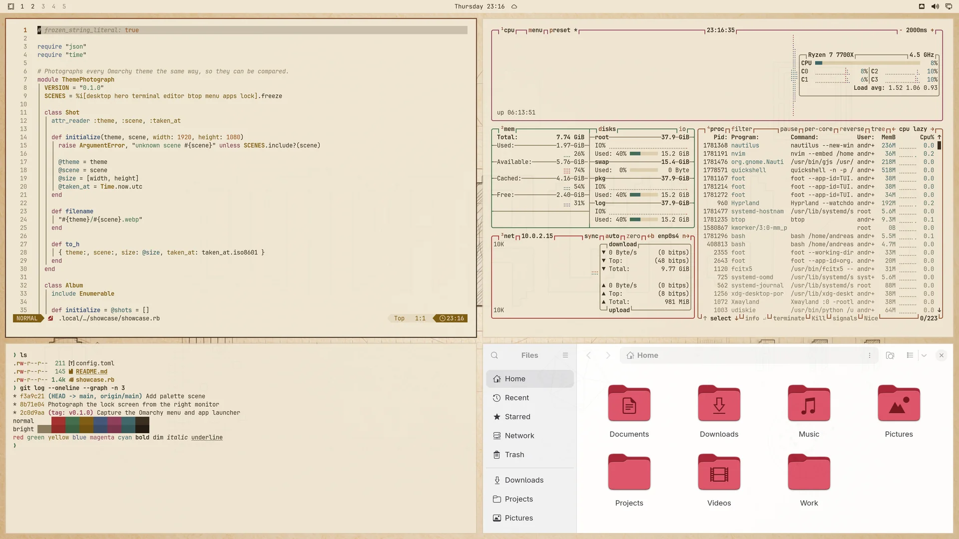 Quattrocento Light: Neovim, terminal, btop and Files