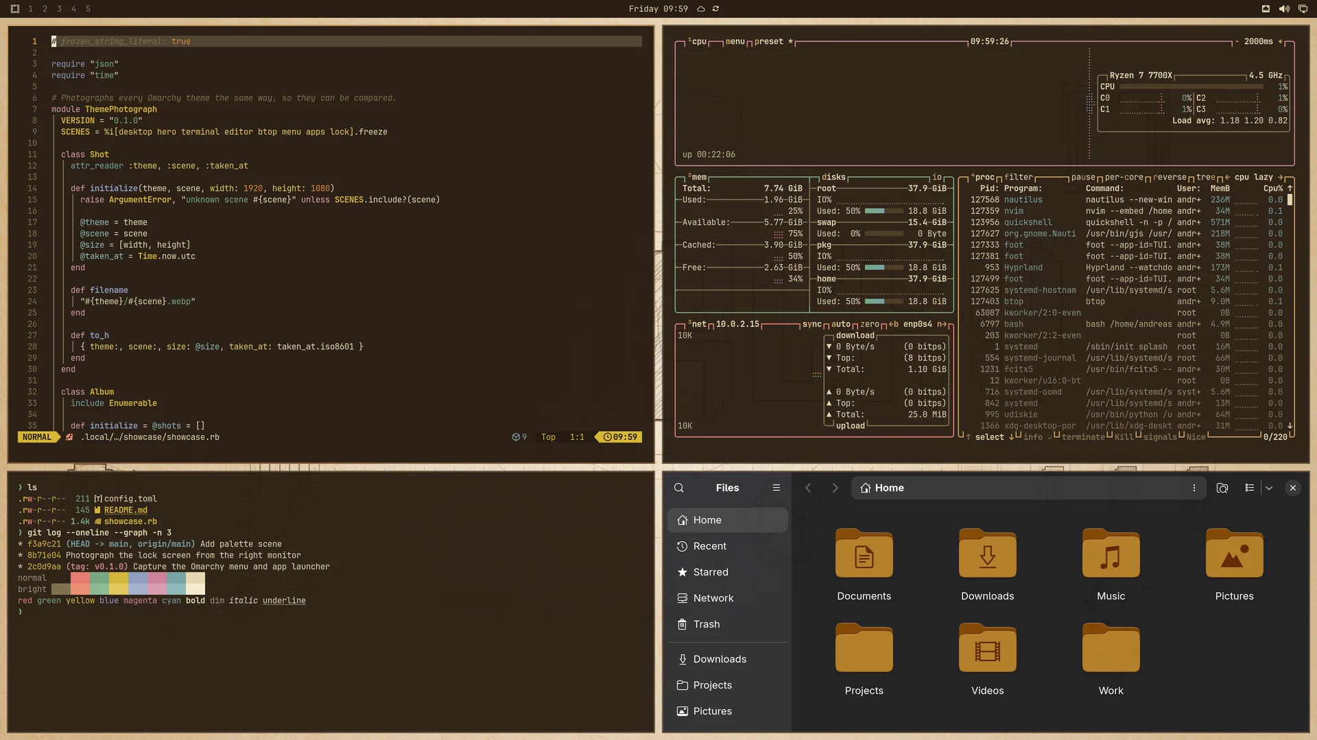 Quattrocento: Neovim, terminal, btop and Files