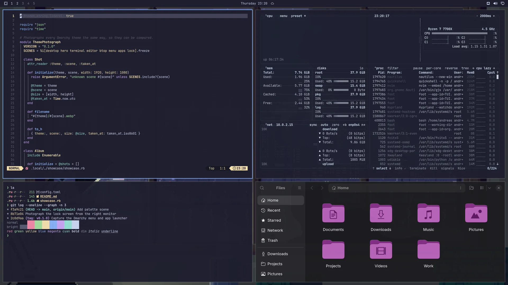 Rainy Night: Neovim, terminal, btop and Files