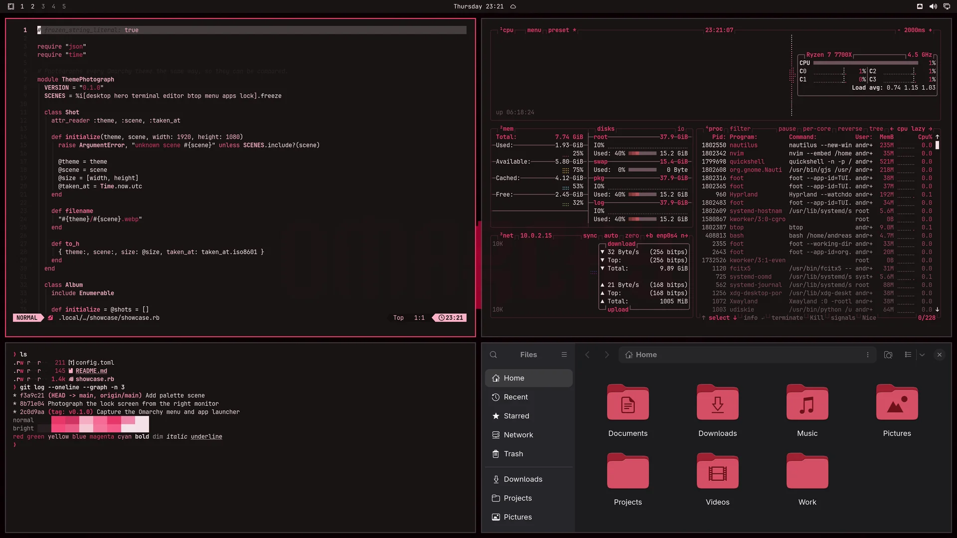 Red Monarch: Neovim, terminal, btop and Files