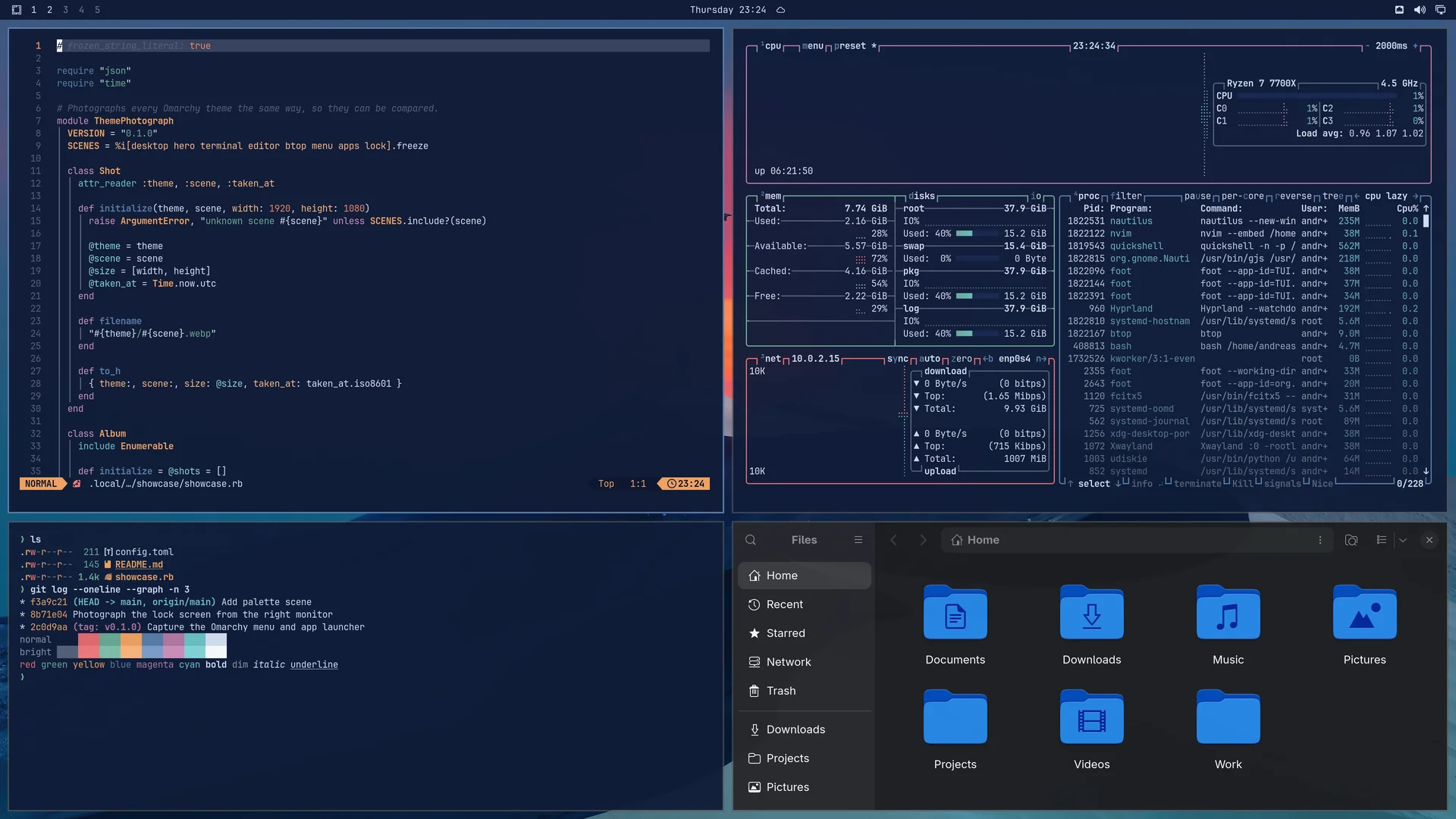 Reverie: Neovim, terminal, btop and Files