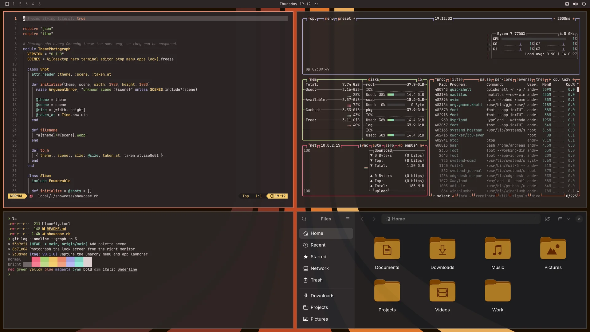 Ristretto: Neovim, terminal, btop and Files