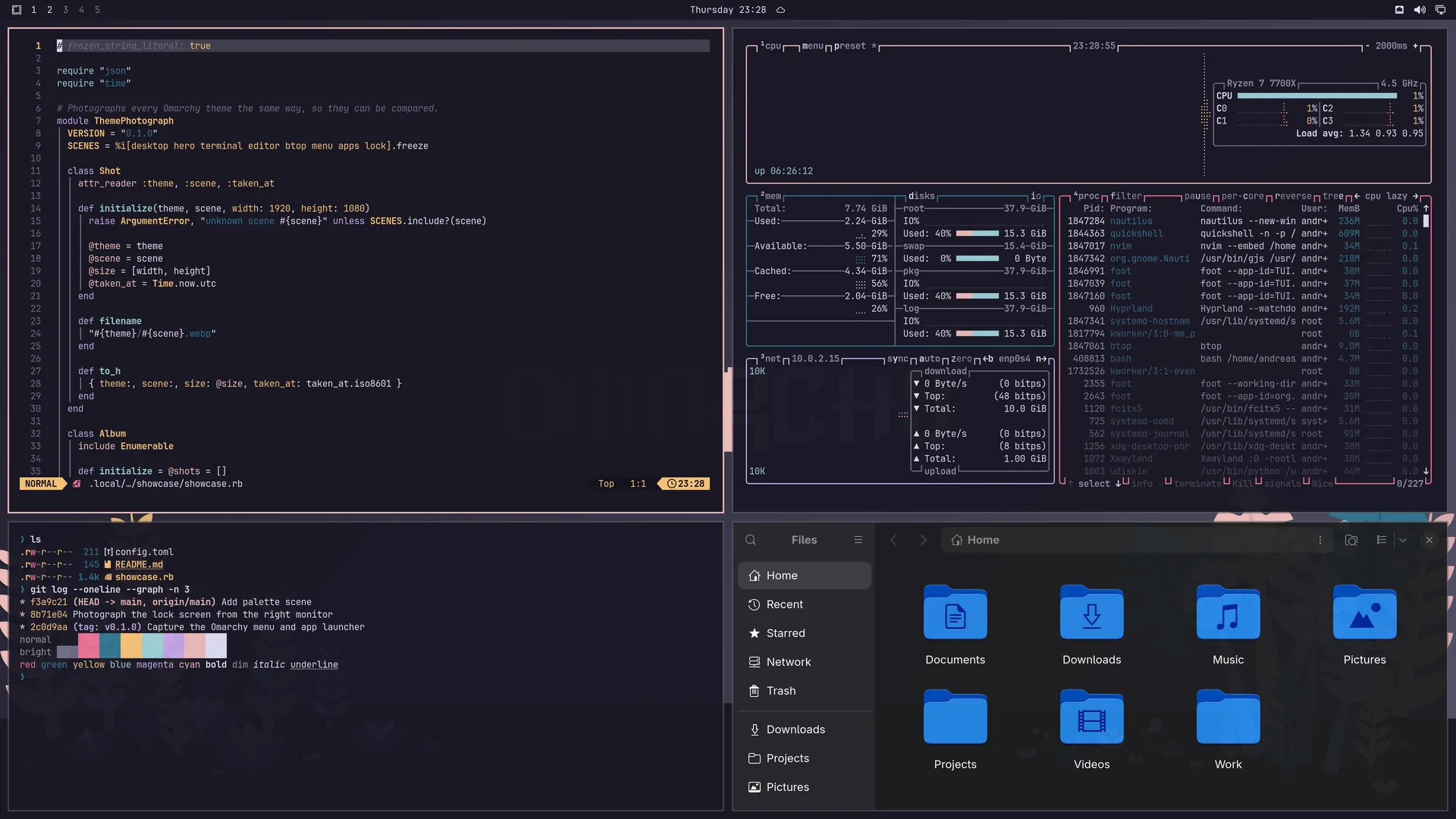 Rose Pine Dark: Neovim, terminal, btop and Files