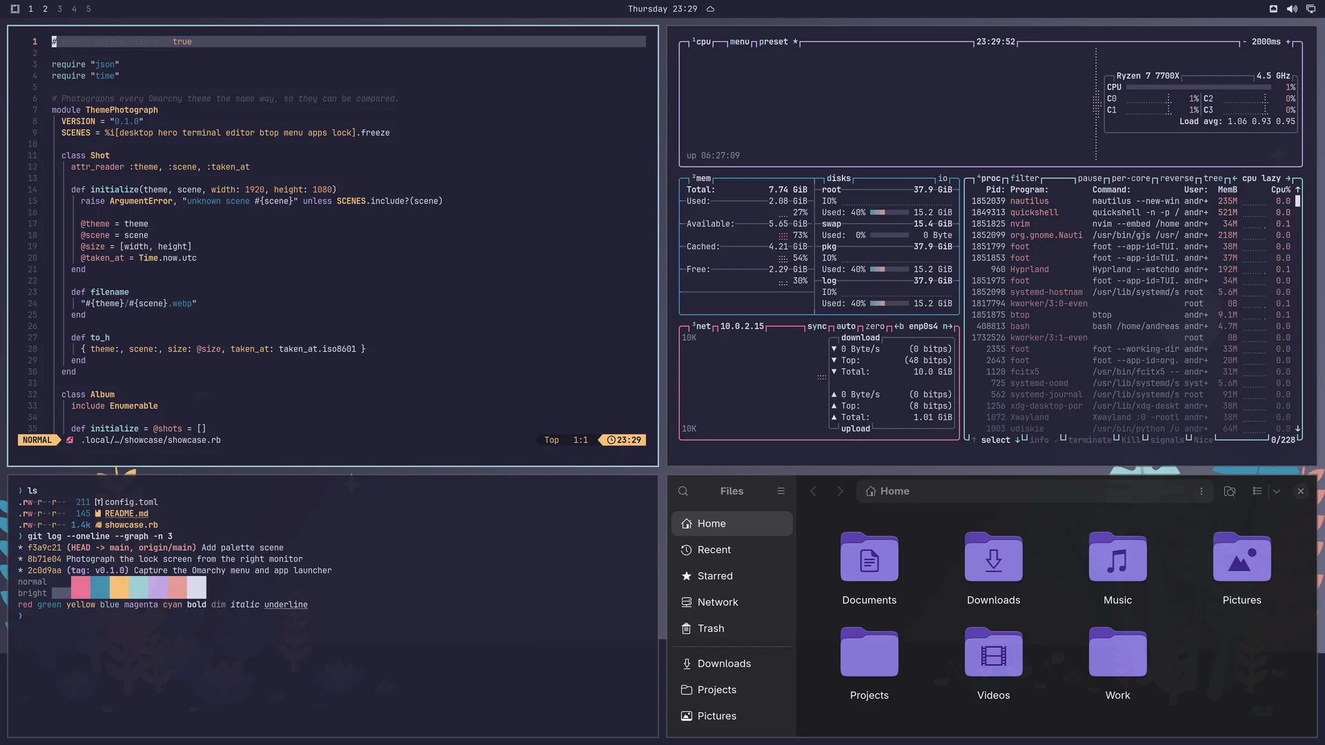 Rose Pine Moon: Neovim, terminal, btop and Files