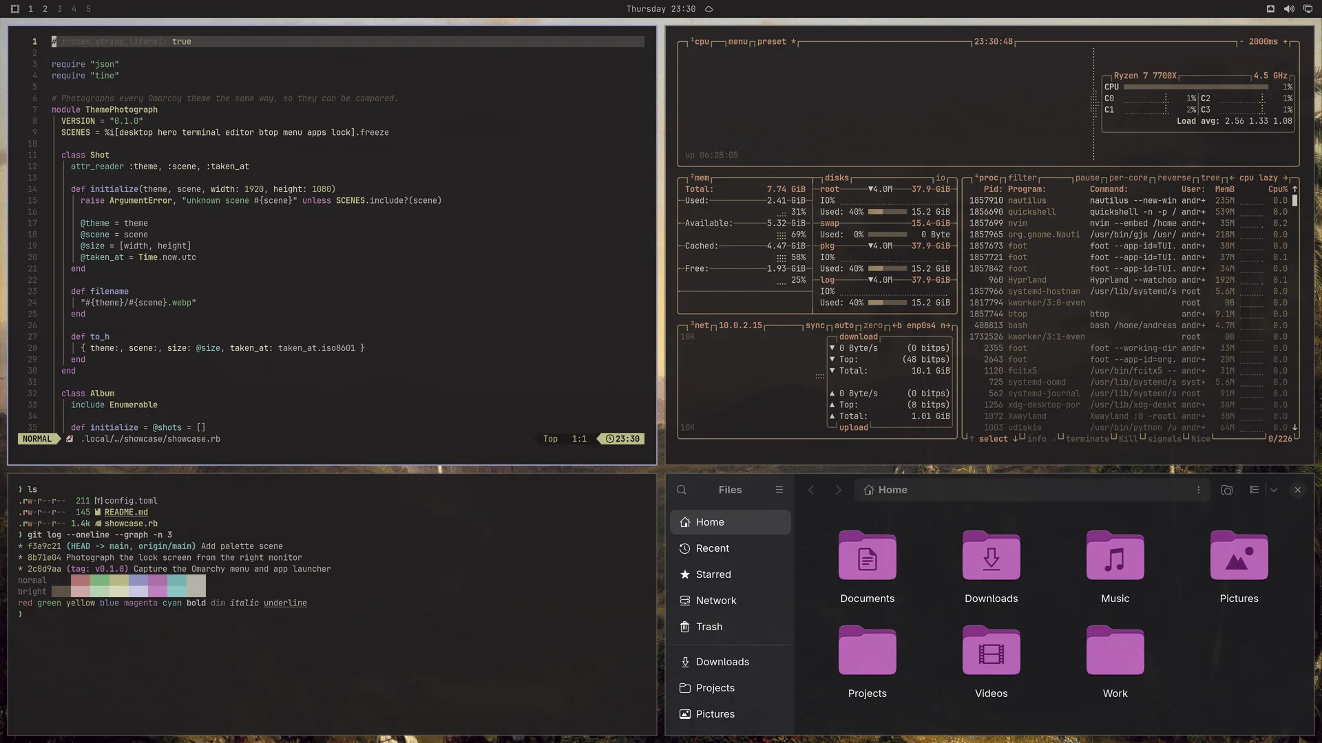Rustleaf: Neovim, terminal, btop and Files
