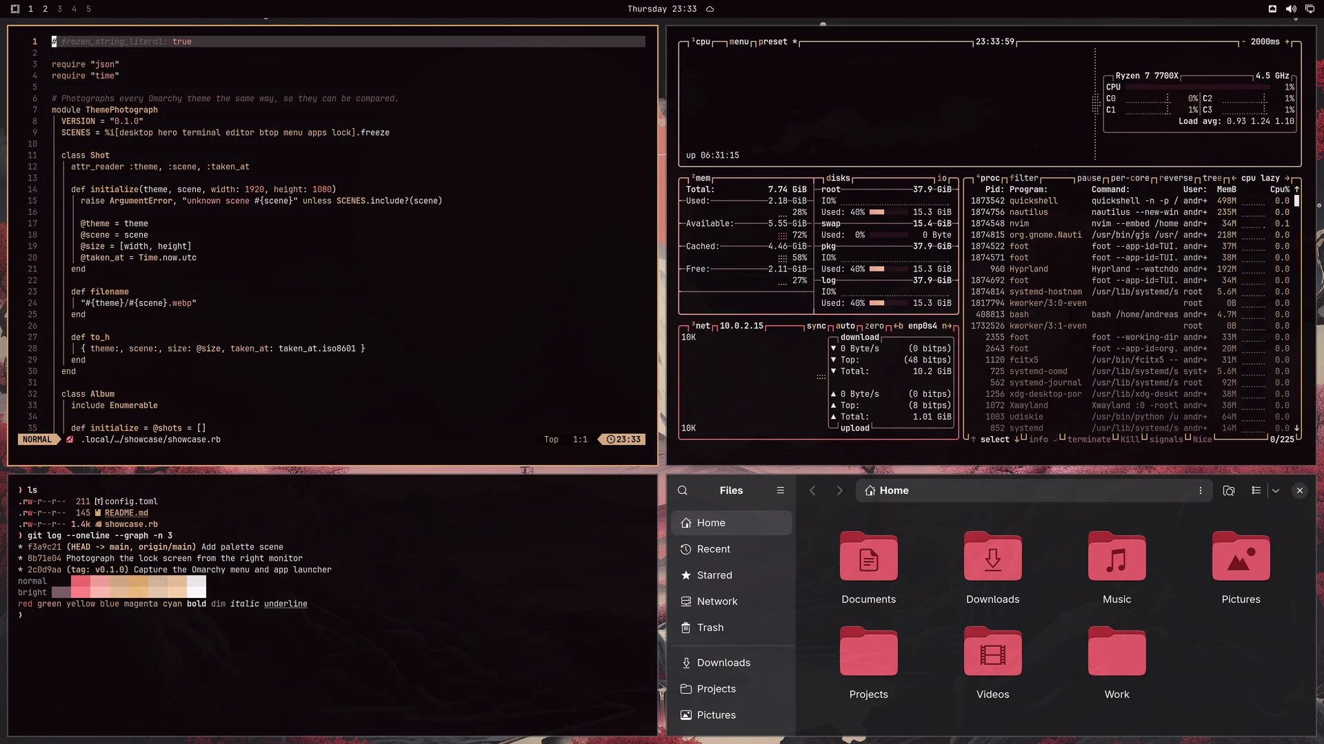Sakura: Neovim, terminal, btop and Files