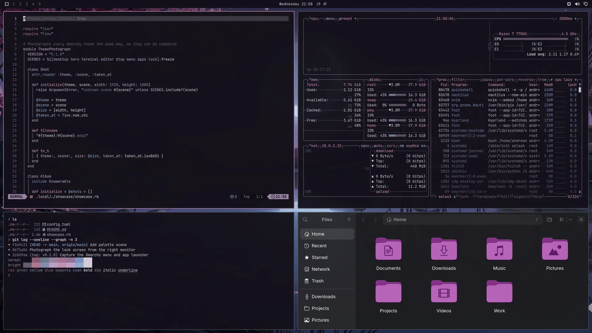 Sakurazuki: Neovim, terminal, btop and Files