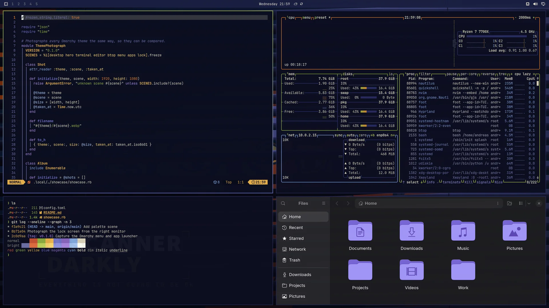 Scanner Darkly: Neovim, terminal, btop and Files
