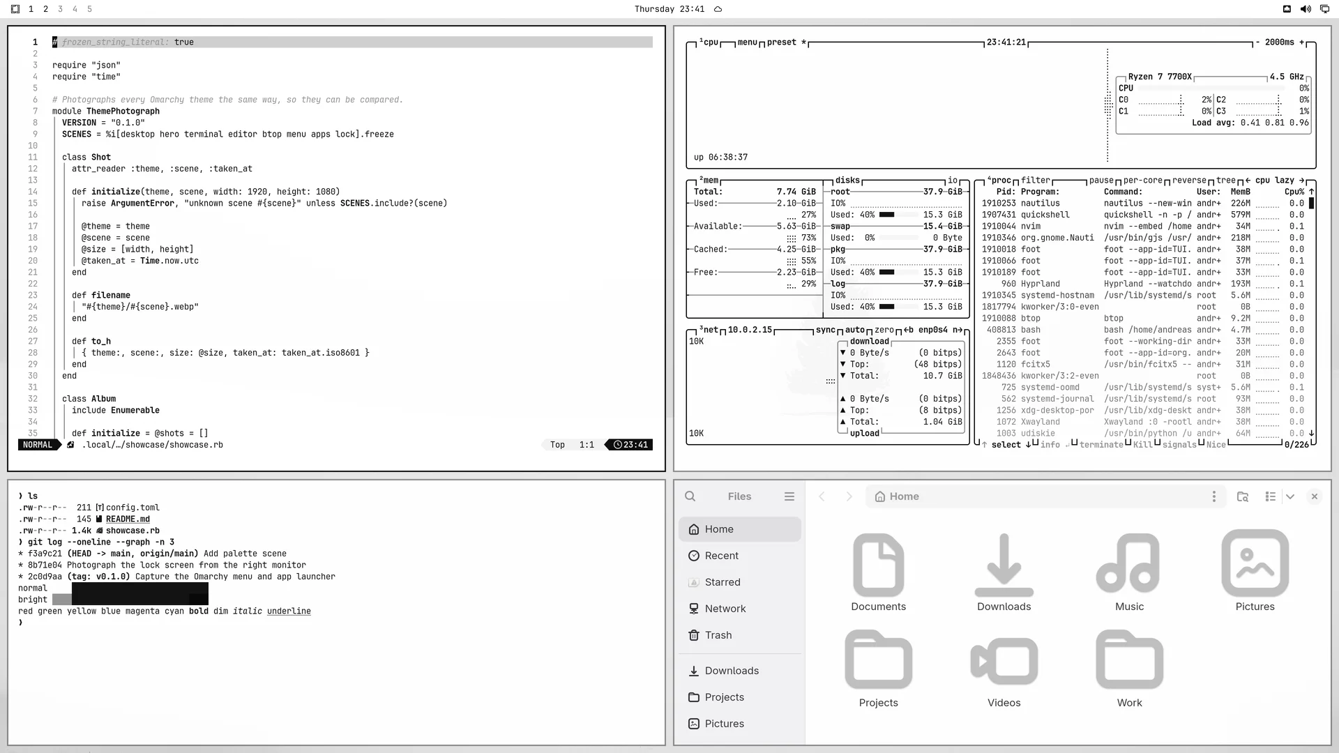 Snow: Neovim, terminal, btop and Files
