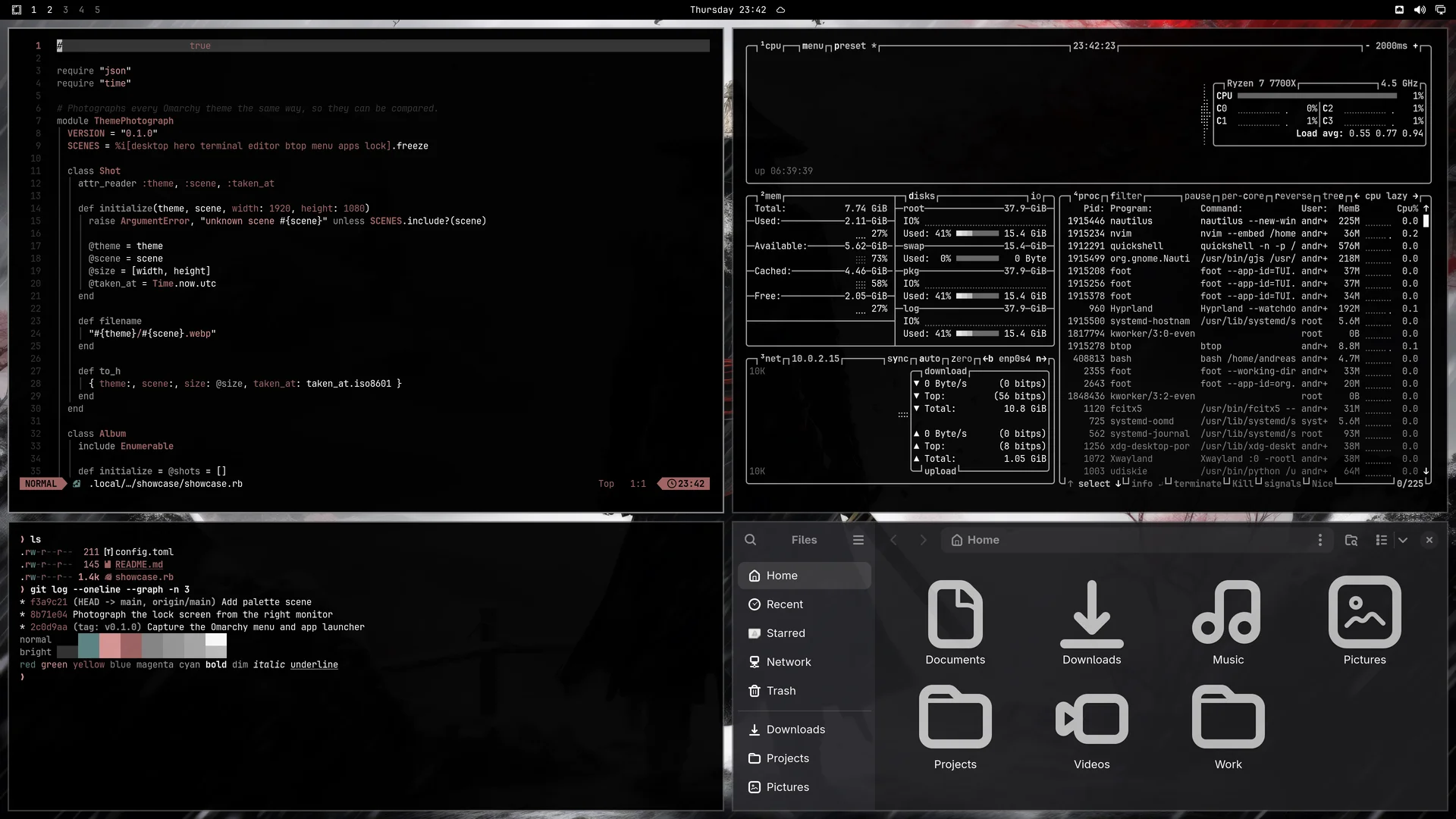 Snow Black: Neovim, terminal, btop and Files
