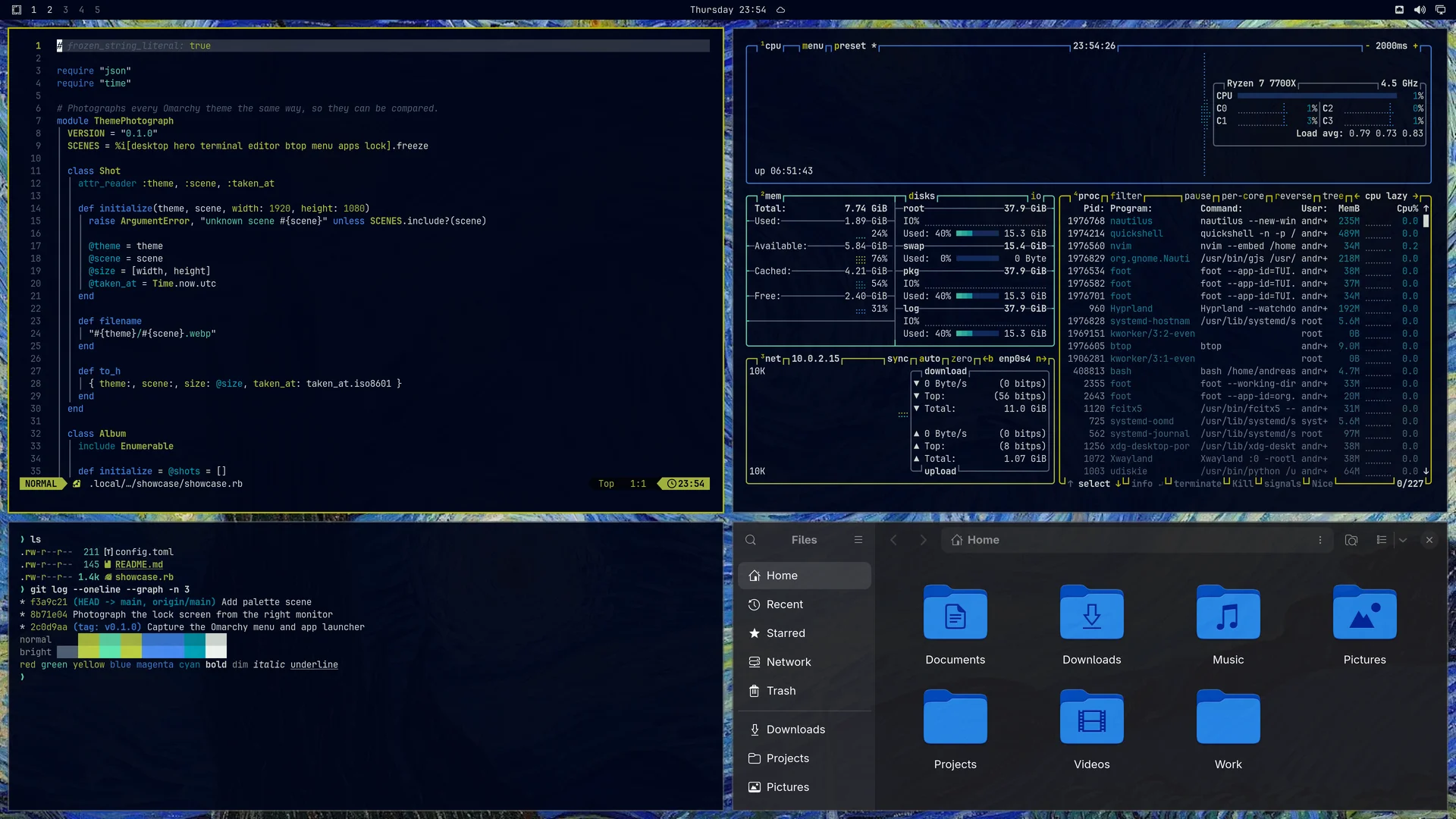 Starry Night: Neovim, terminal, btop and Files