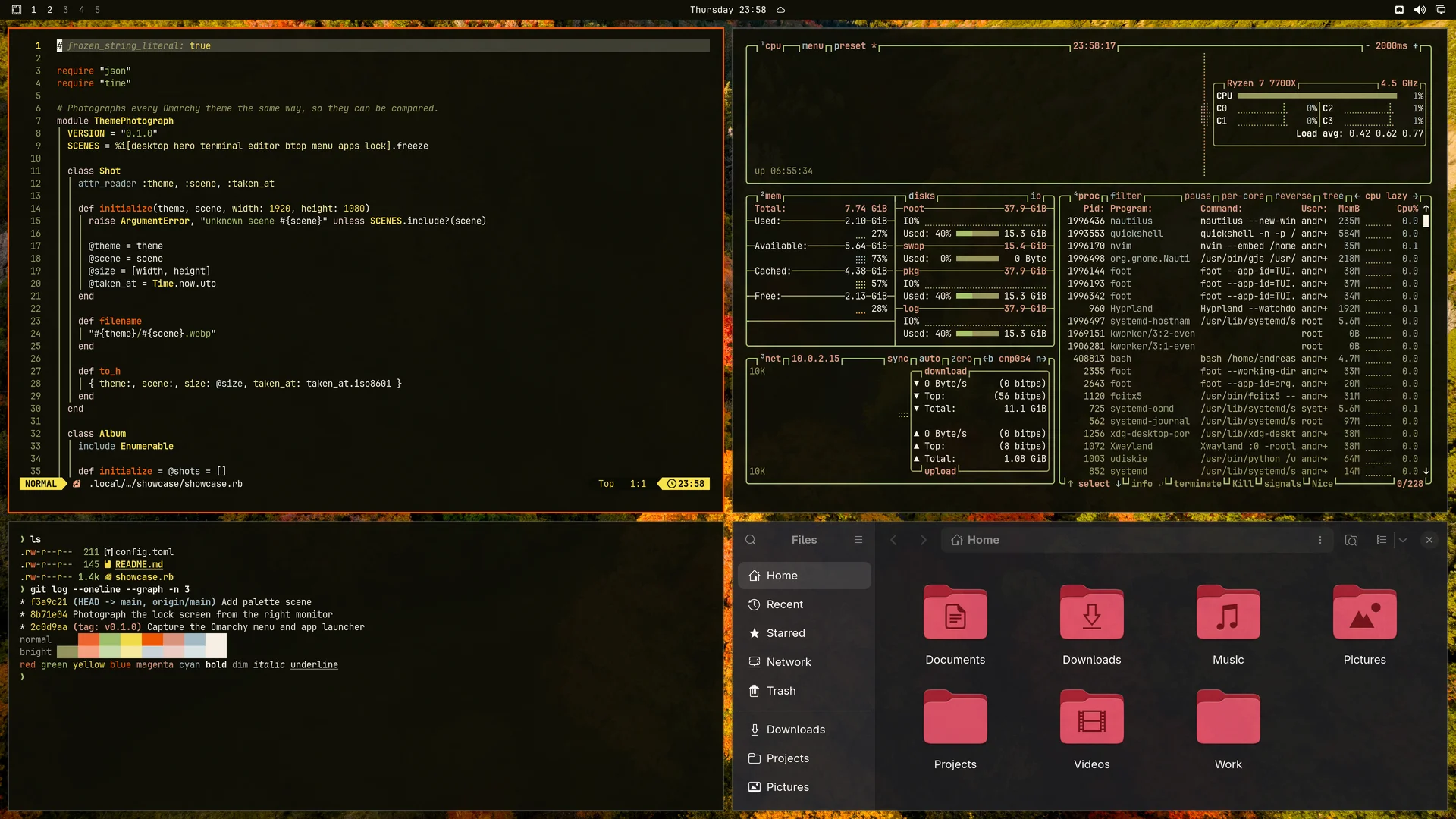 Stillwood: Neovim, terminal, btop and Files