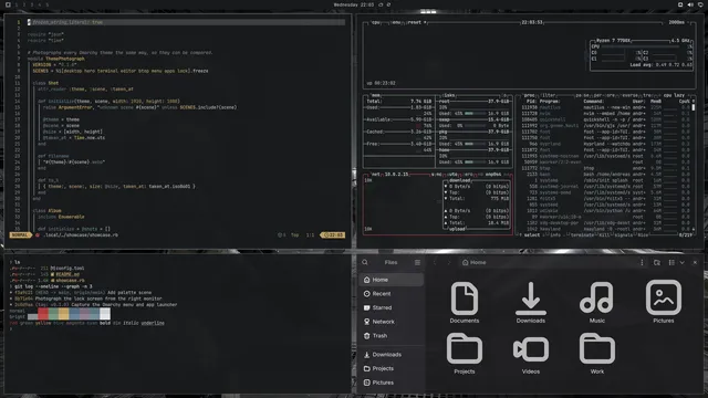 Neovim, terminal, btop and Files