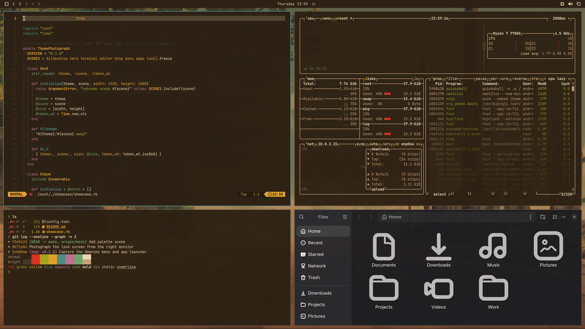 Sunkissed: Neovim, terminal, btop and Files
