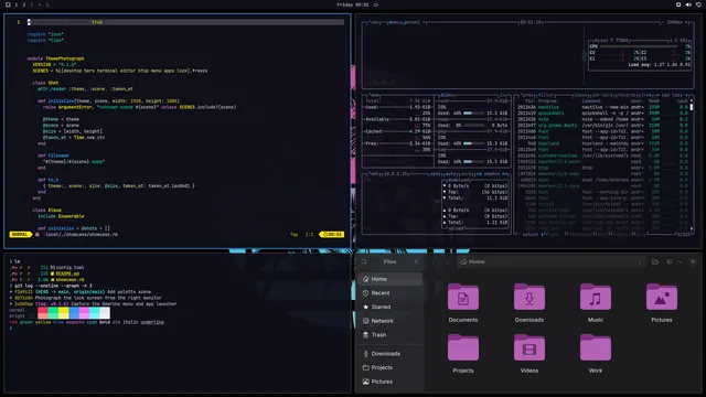Sunset Drive: Neovim, terminal, btop and Files