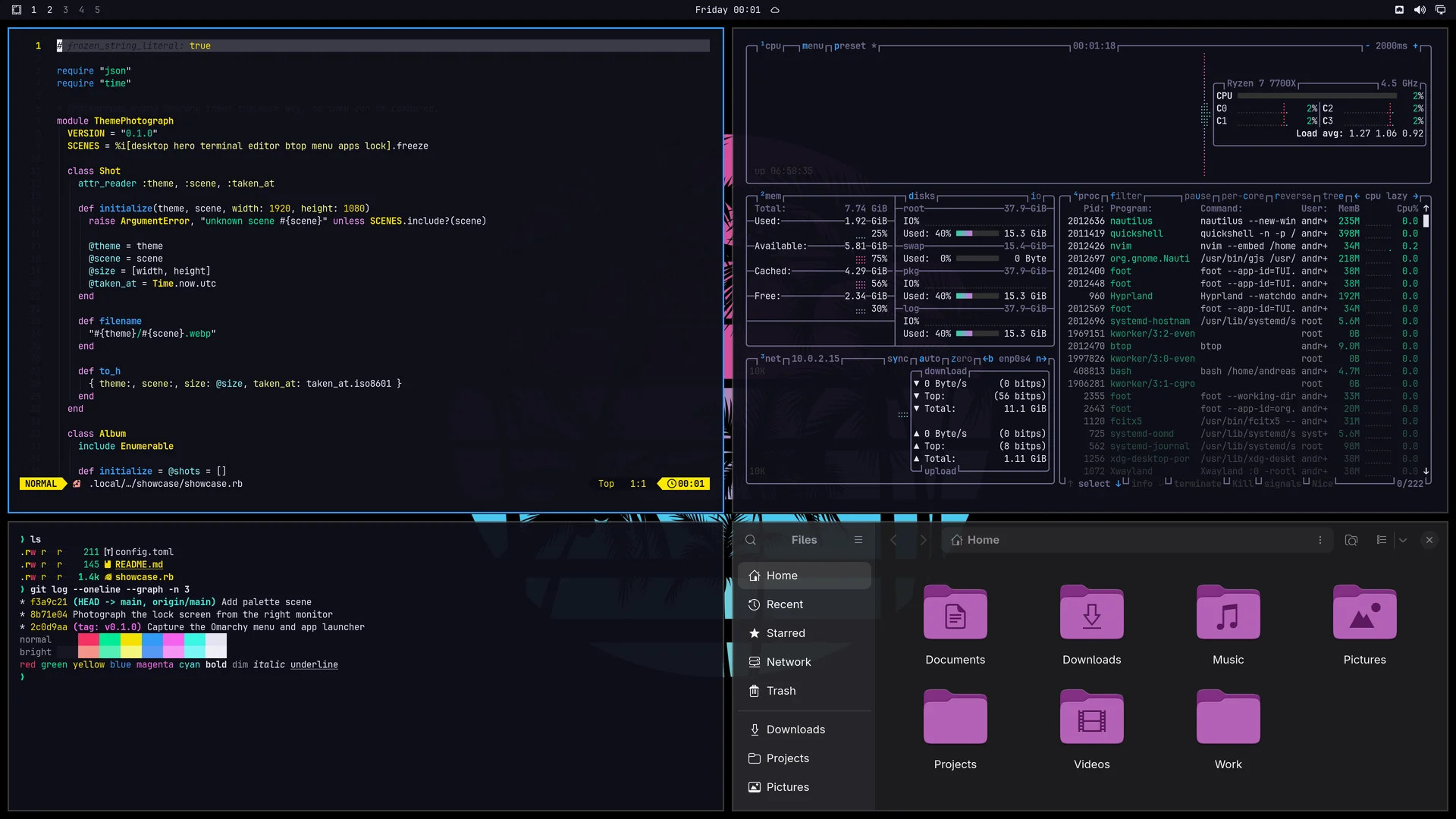 Sunset Drive: Neovim, terminal, btop and Files