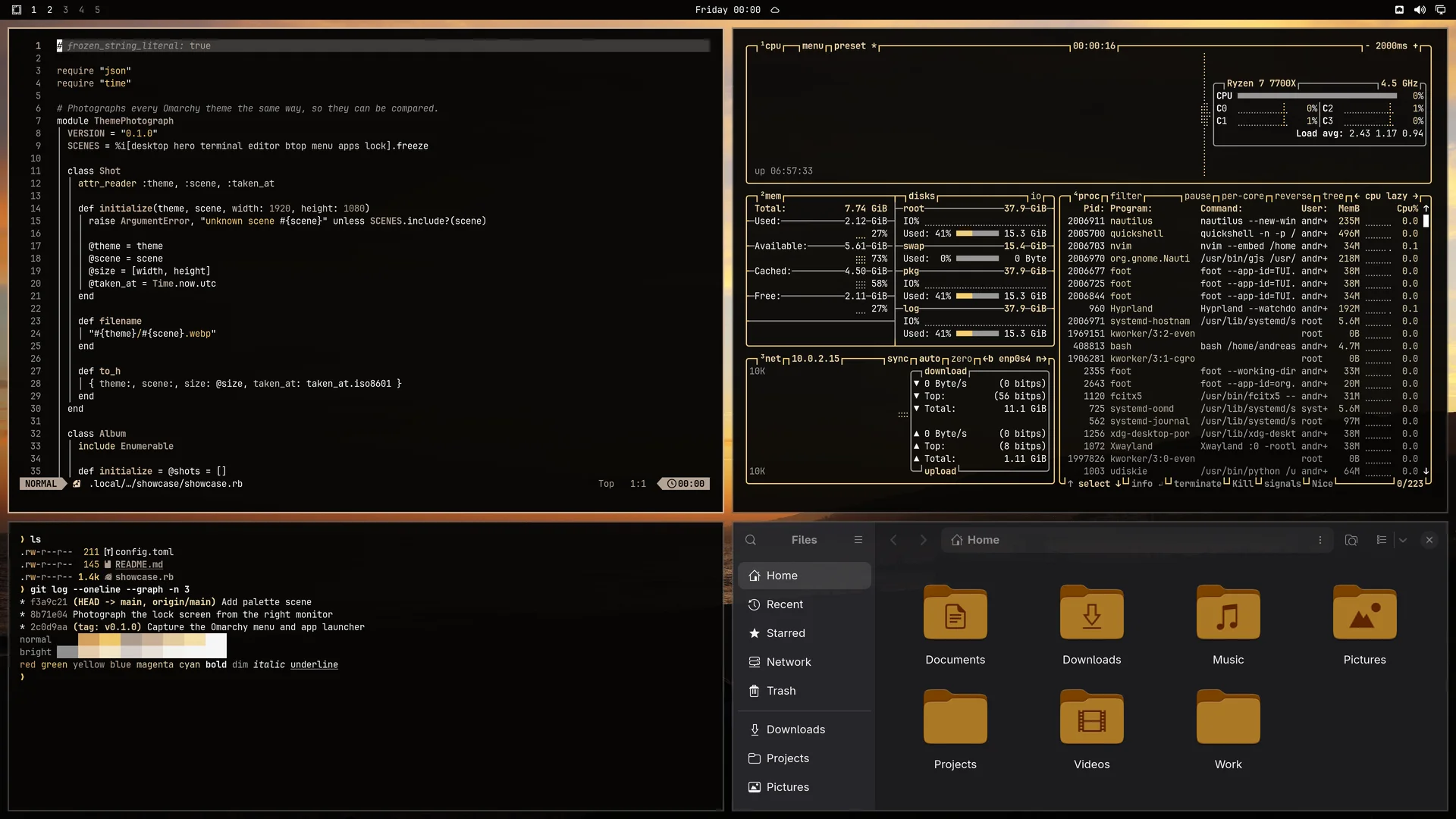 Sunset: Neovim, terminal, btop and Files