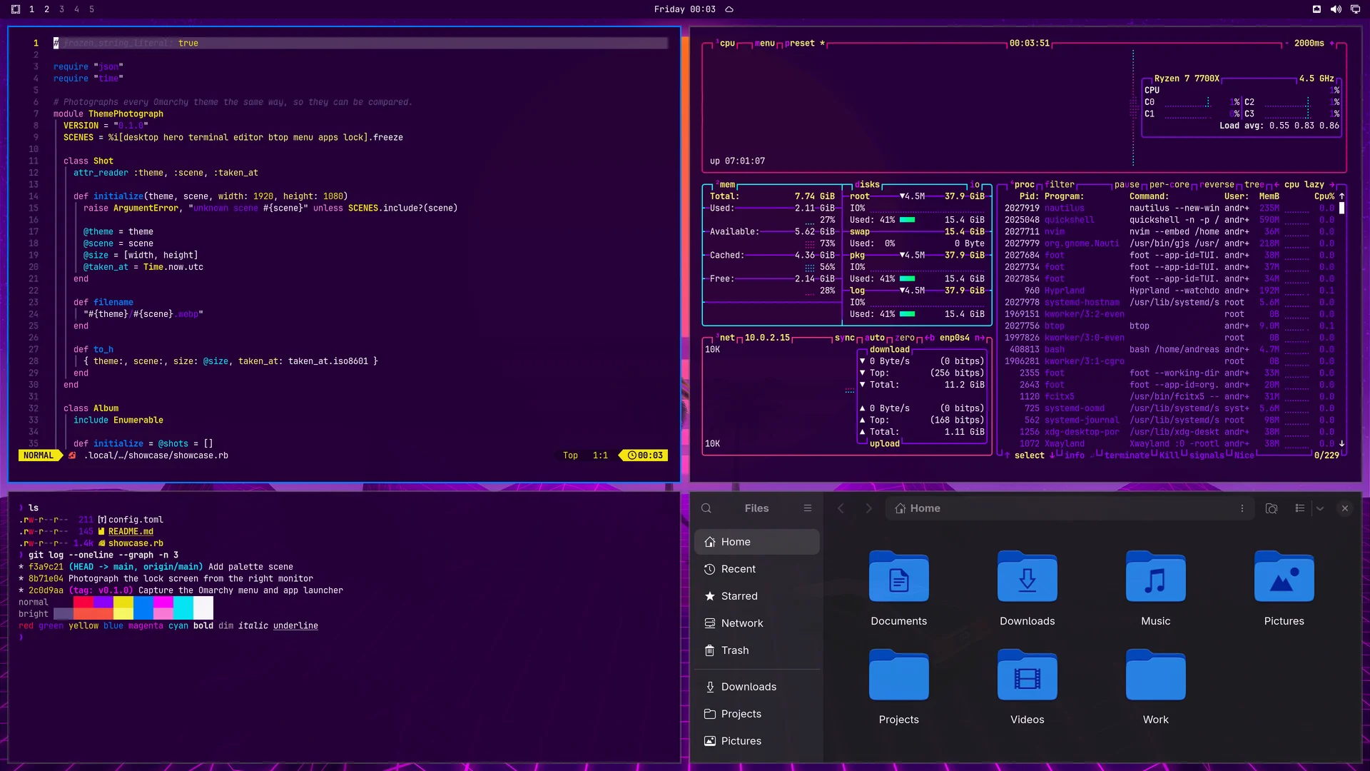 Synthwave '84: Neovim, terminal, btop and Files