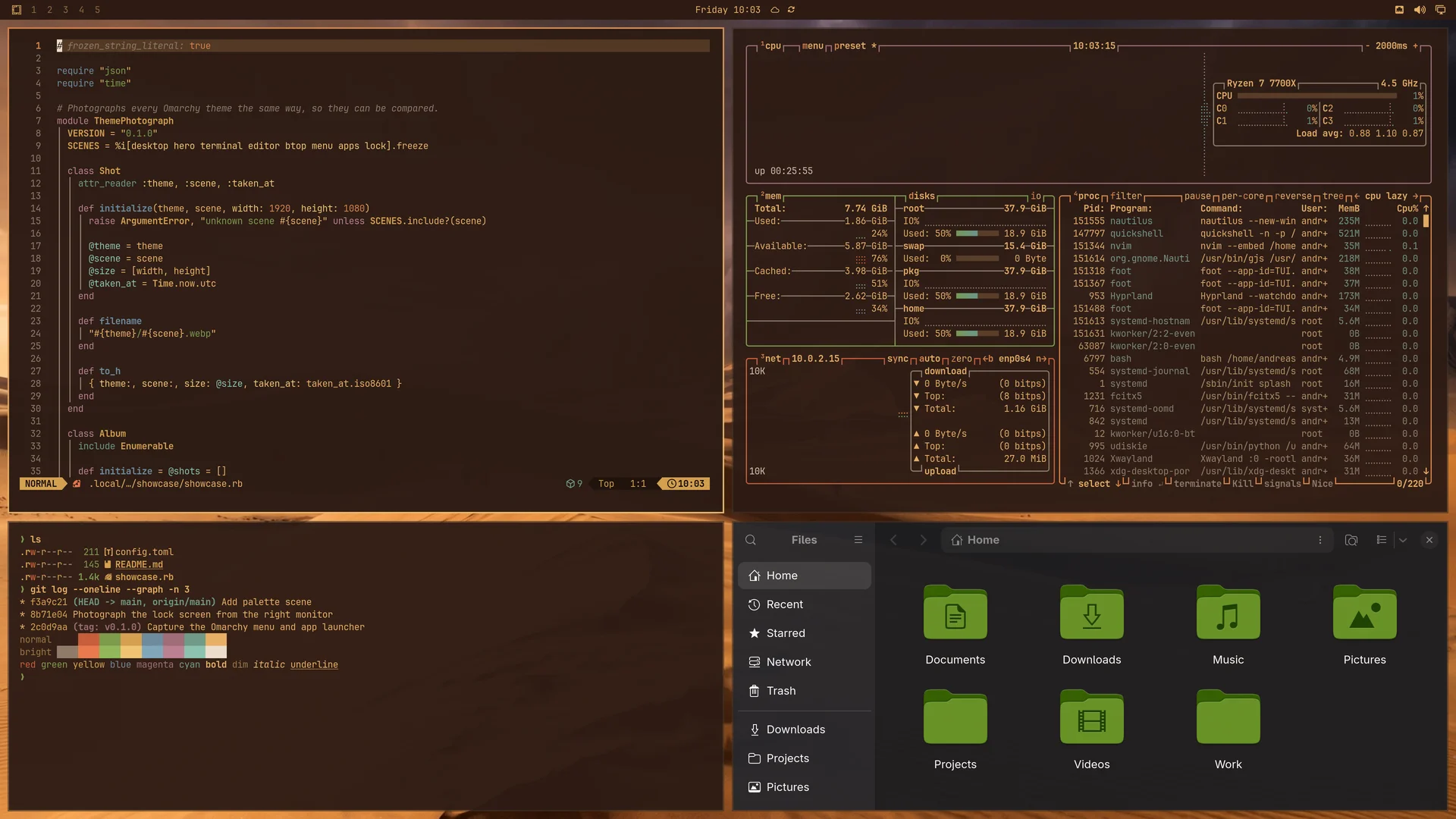 Tan Desert: Neovim, terminal, btop and Files