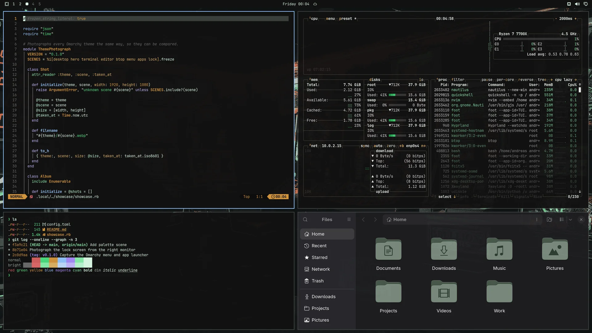 Temerald: Neovim, terminal, btop and Files
